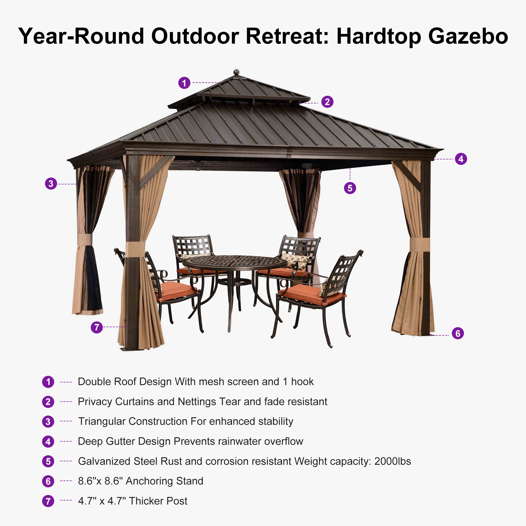 12-ft x 12-ft Brown Aluminum Hardtop Gazebo with Steel Roof and Curtains
