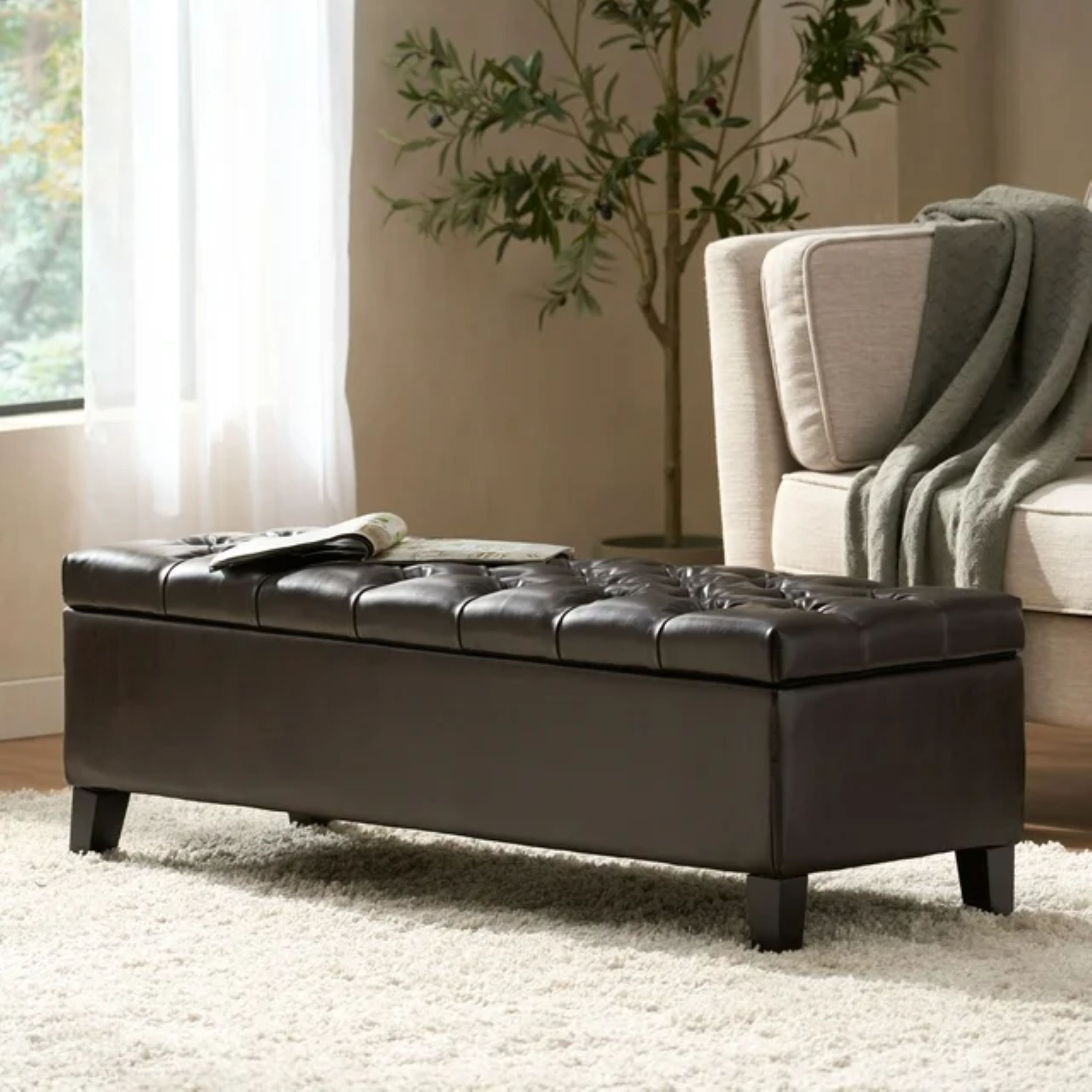 Roomfitters  51 Inch Storage Ottoman Bench with Tufted PU Leather Surface and Wood Legs Dark Brown
