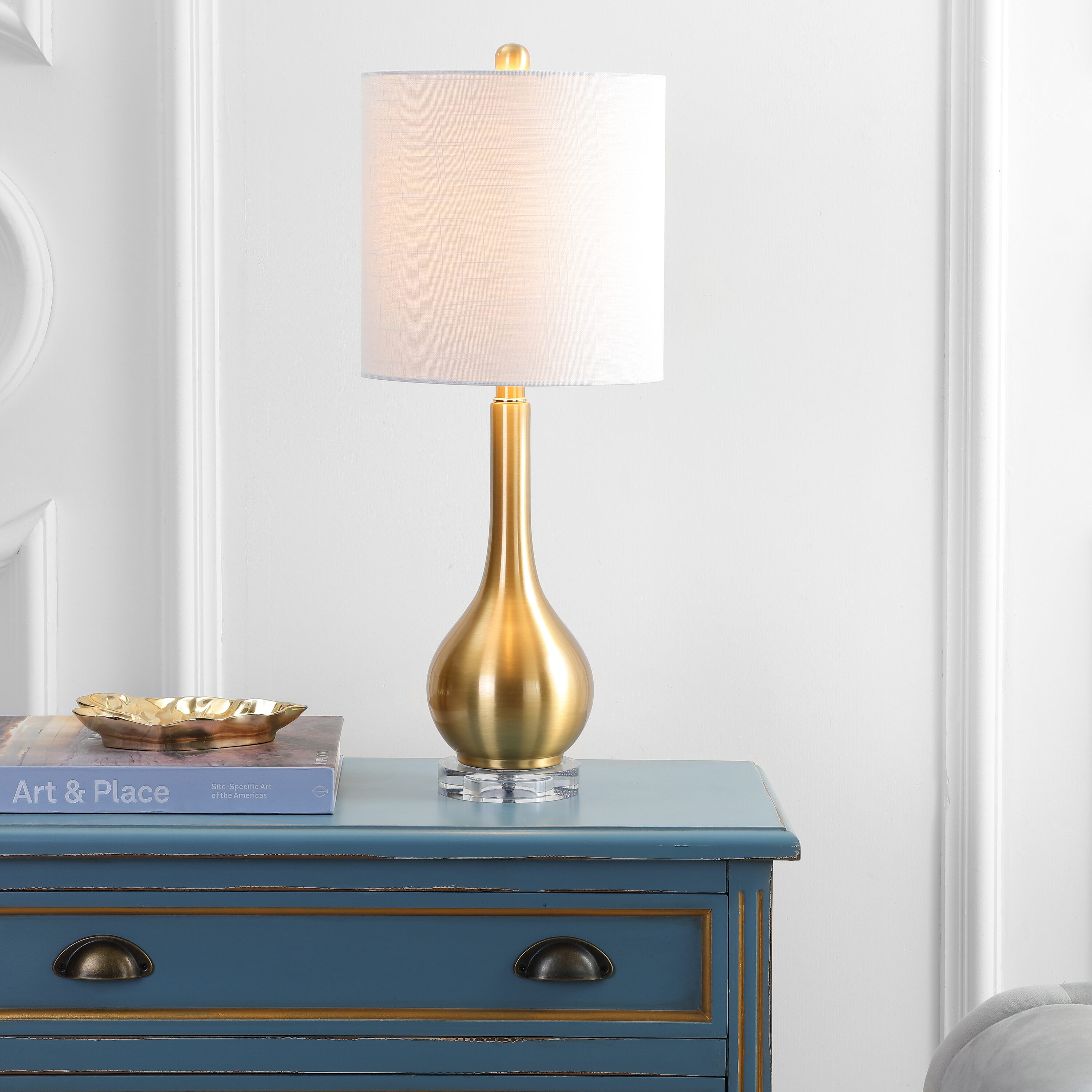 JONATHAN  Y JYL5010A Dylan Metal/Crystal Teardrop Classic 25-in Brass Gold LED Rotary socket Table Lamp with Linen Shade