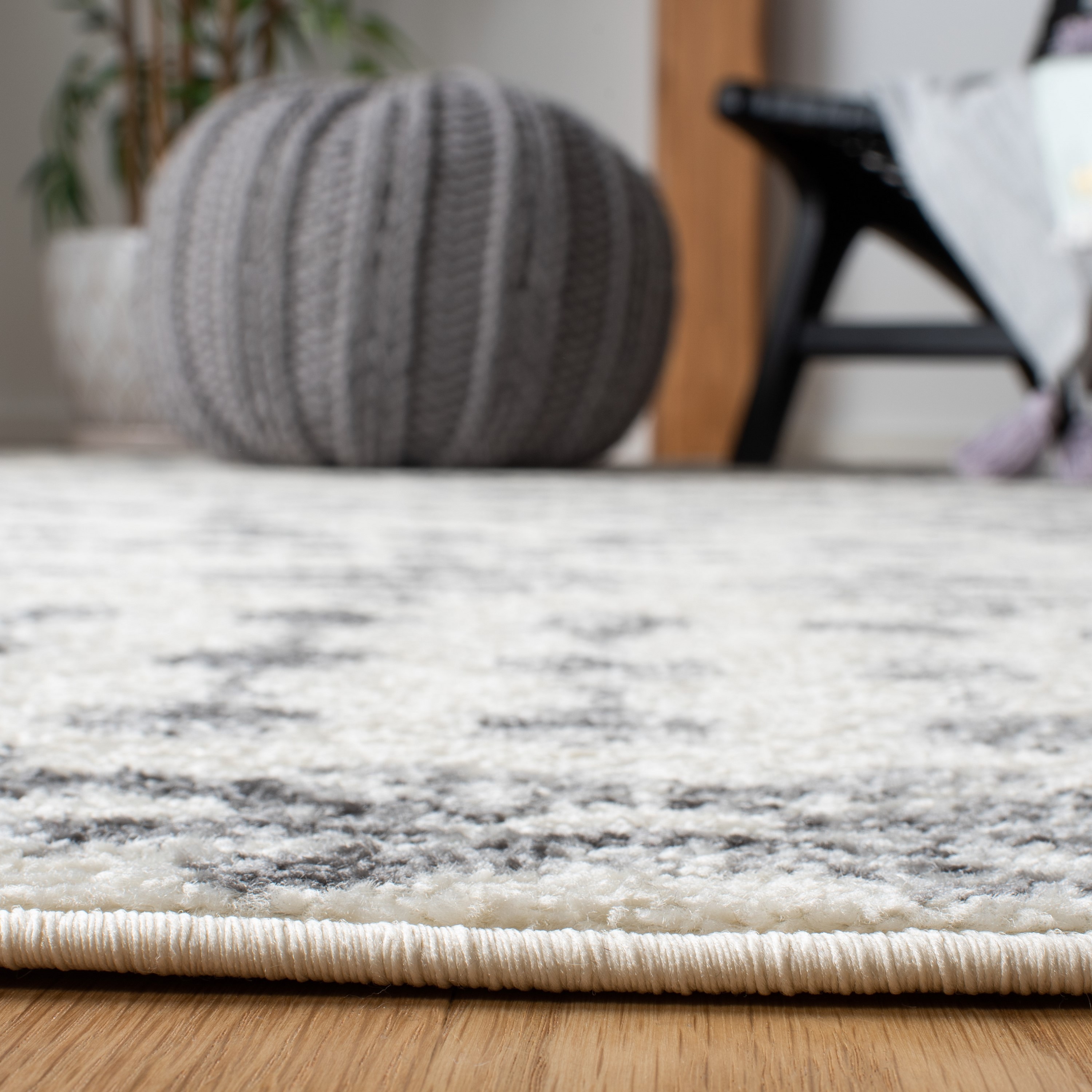 Ivory and Gray Geometric Hand-Knotted Rectangular Area Rug