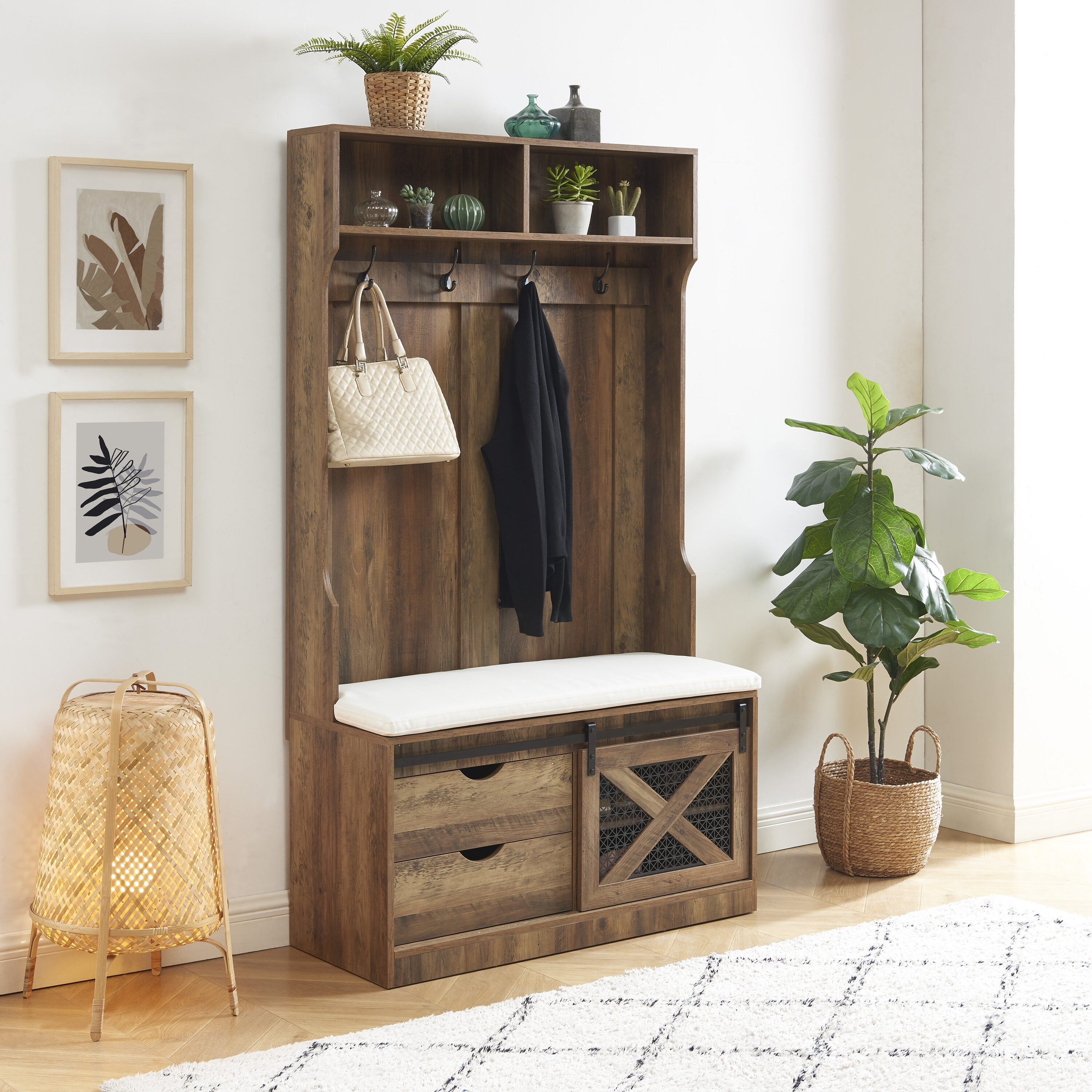 EDYO LIVING Farmhouse 40.6-in Rustic Oak Composite Hall Tree