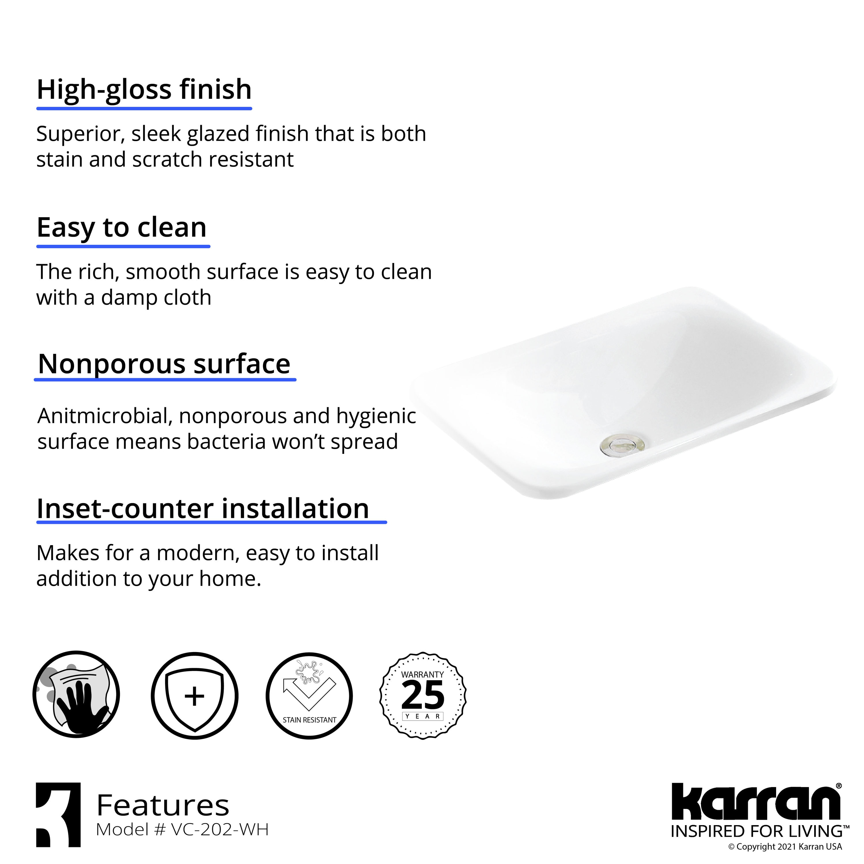 Valera 21-Inch White Ceramic Rectangular Bathroom Sink