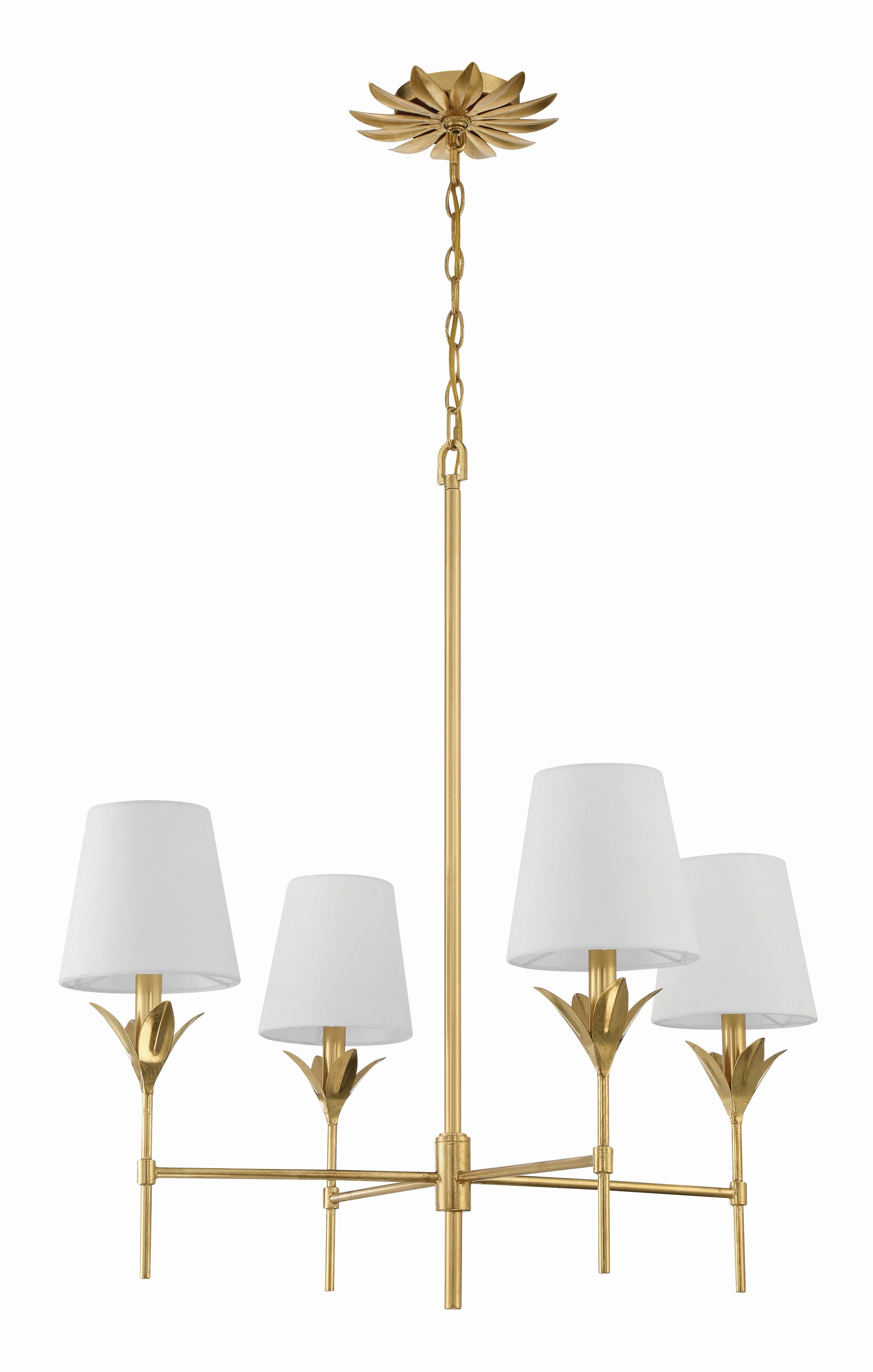 Antique Gold Crystal 4-Light Chandelier with White Silk Shades