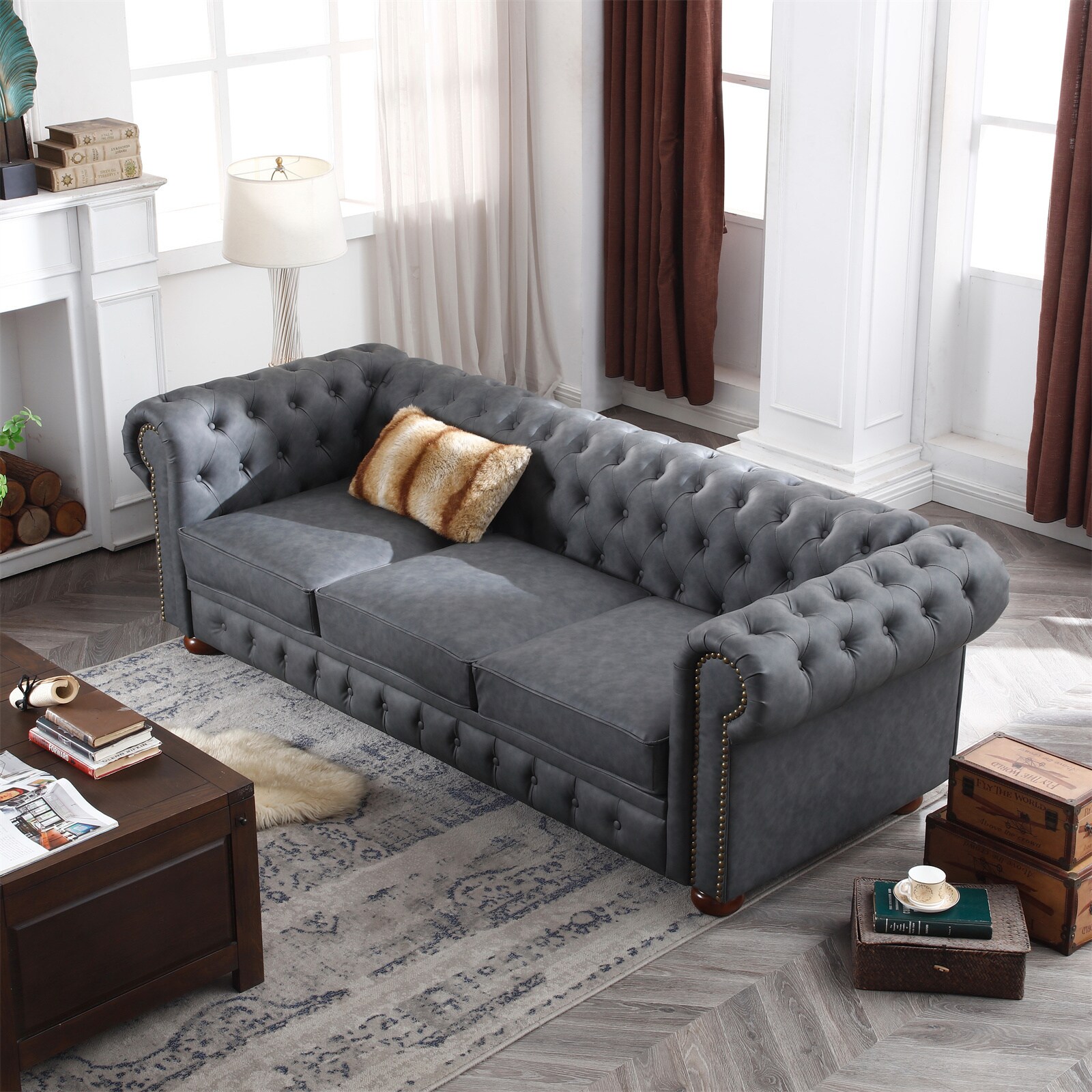 BESTCOSTY 88.5-in Modern Dark Grey Faux Leather Sofa in the Couches ...