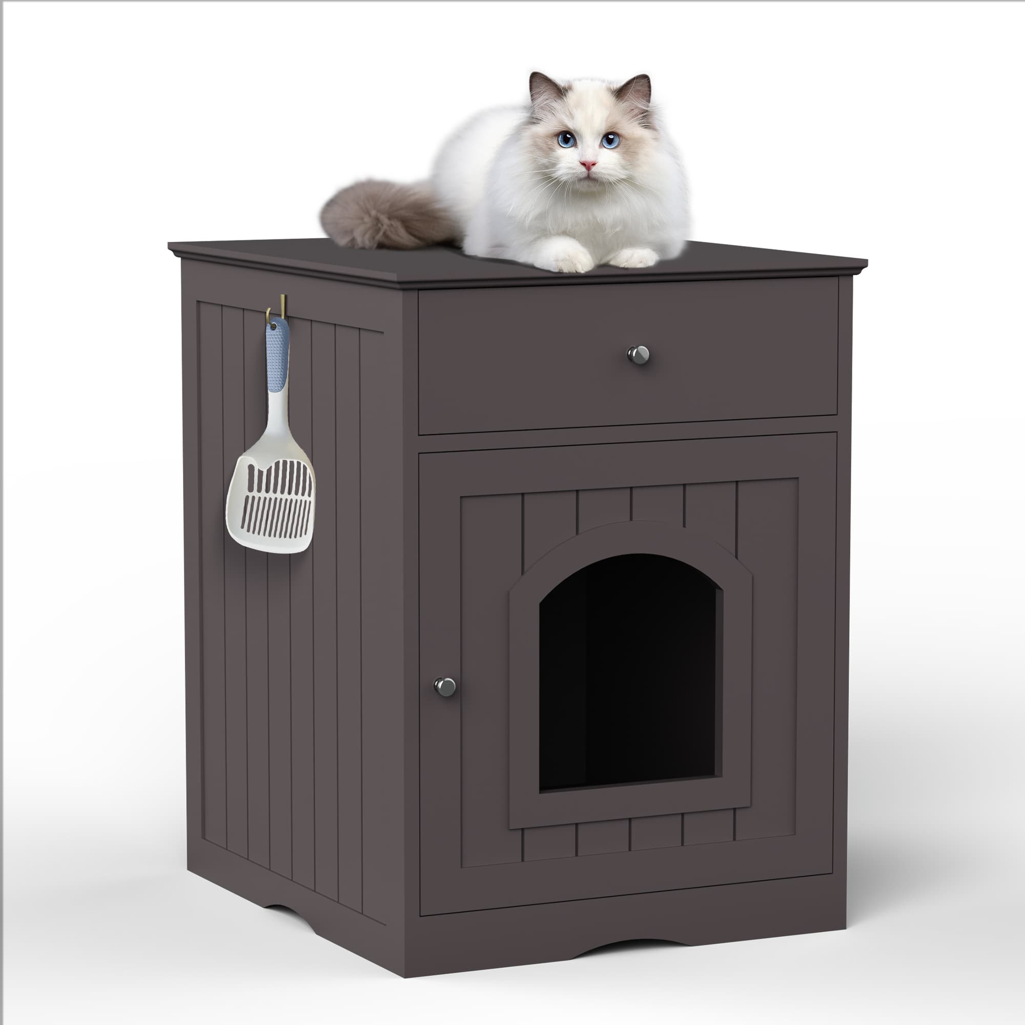 Vynxaria  Wooden Cat Litter Box Enclosure with Drawer Side Table Indoor Pet Crate Nightstand Spacious Internal Space for Cats Brown
