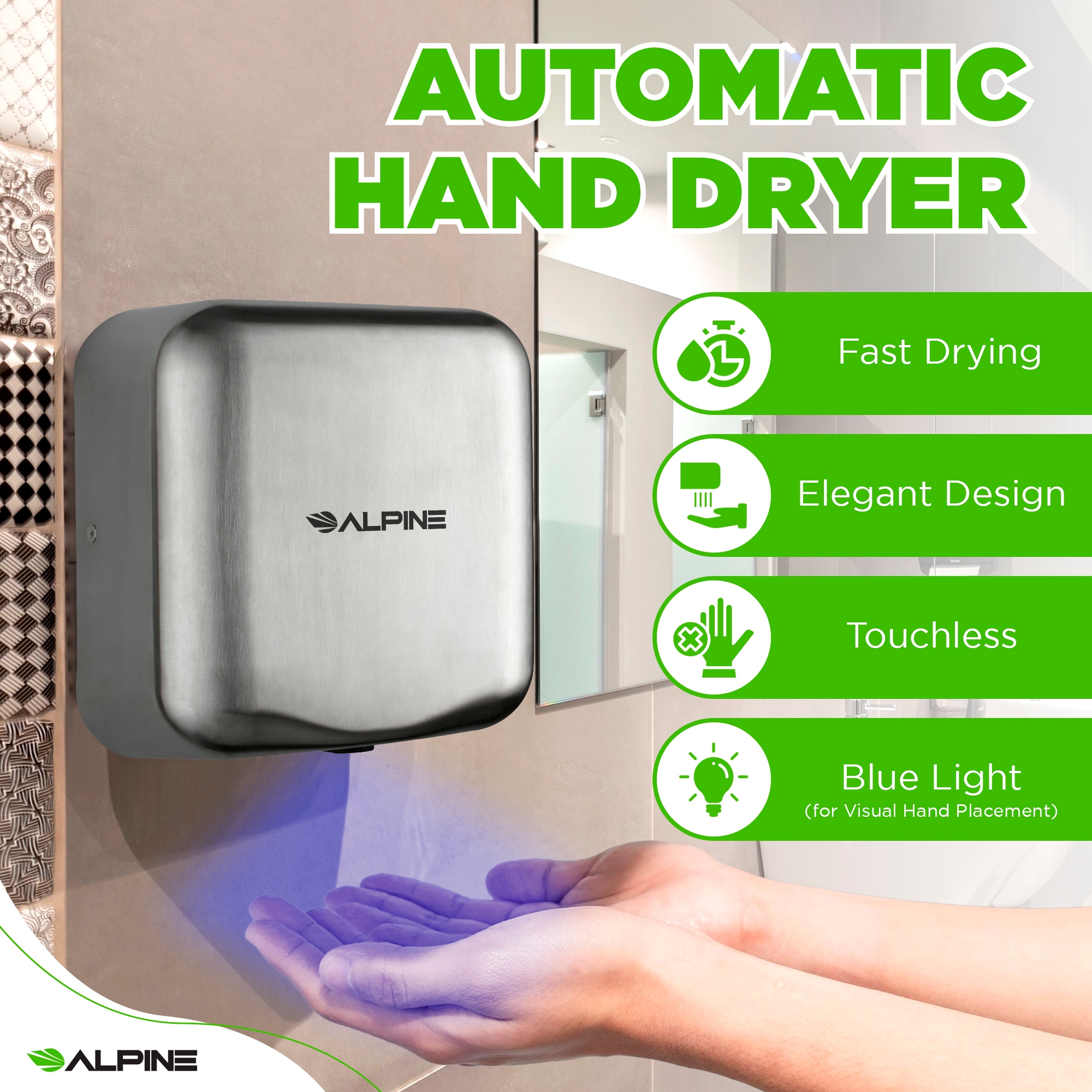 Alpine Industries Hemlock 120 Volt Steel Electric Commercial Automatic  Touchless Hand Dryer Gray - Office Depot