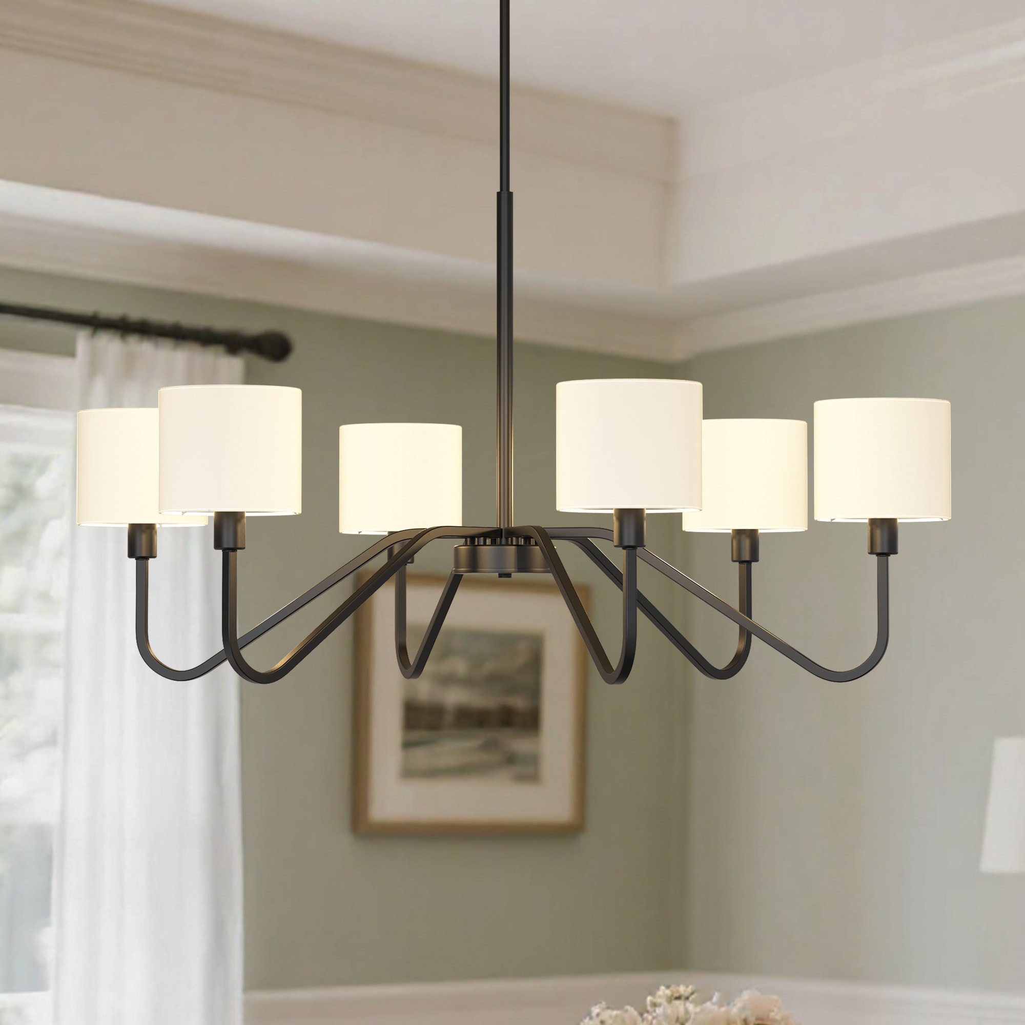 DORESshop - 39.4 in Matte Black 6-Light Adjustable Height Chandelier with Linen Shades for Dining...