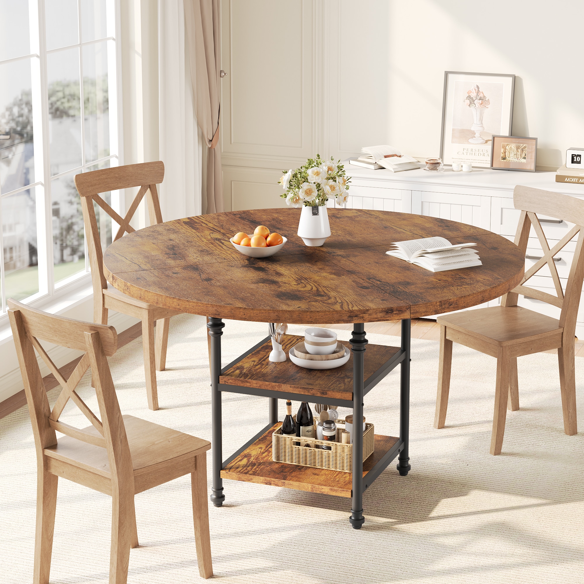 Garvee - Modern Round Roman Column Dining Table for 4-6 - Metal Frame with Integrated Storage She...