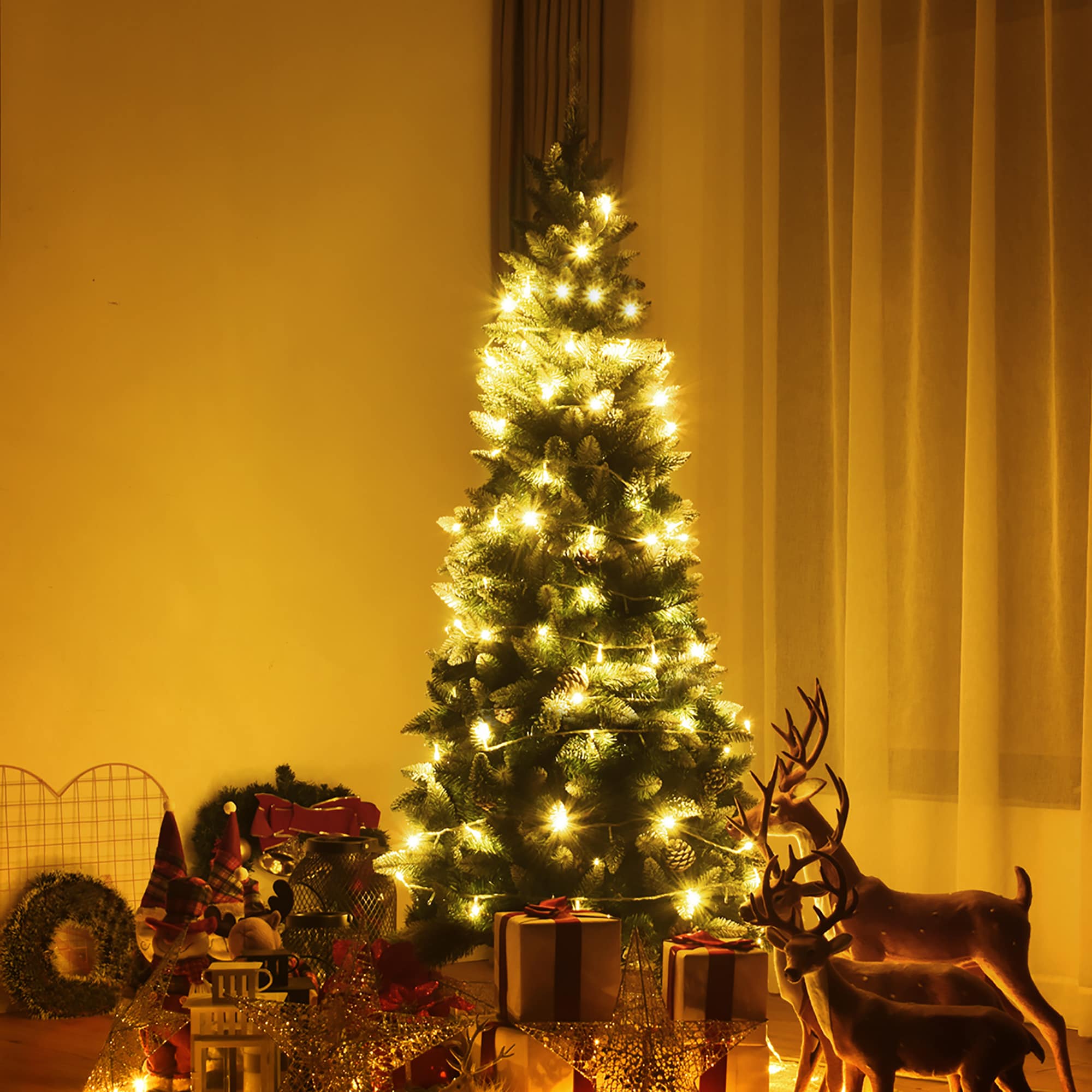 5ft Green and White Snow Flocked Pencil Christmas Tree with Pine Cones
