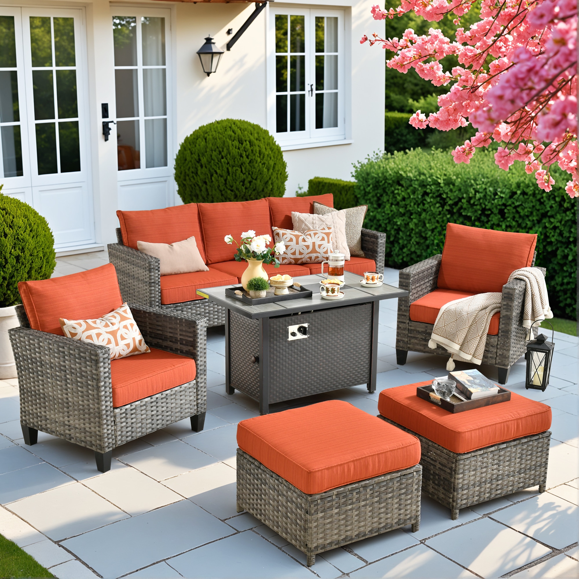 Caodoc L5-CFP03-GRS806 Golden Stars Rattan Outdoor Sectional with Orange Cushions and Rattan Frame