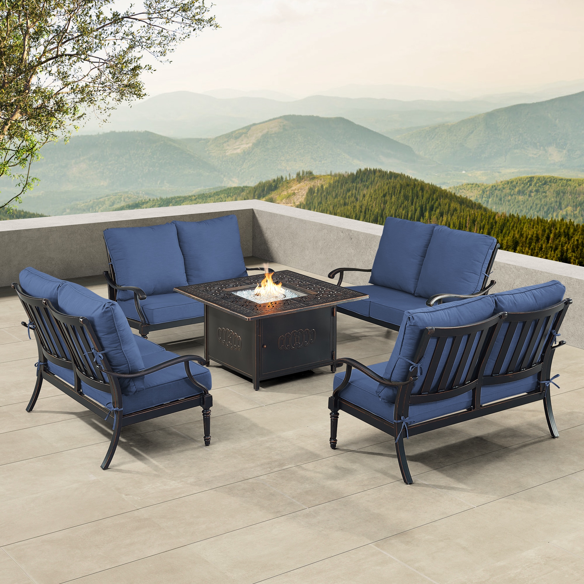 Oakland Living Fire Pit Table Set, Four Loveseats and Wind Guard 22 -Piece Patio Conversation Set with Blue Cushions Included