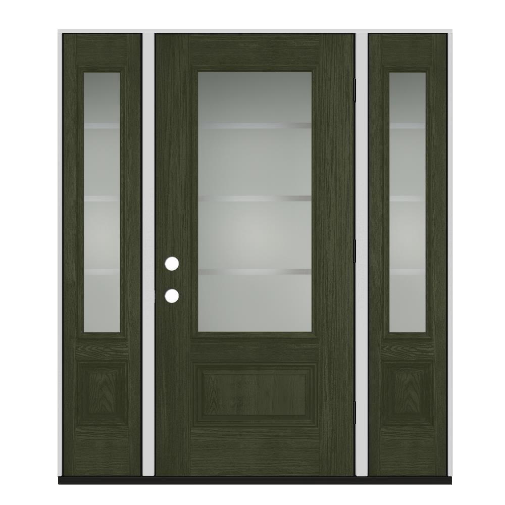 JELD-WEN LOWOLJW231900038 Crosslines 60-in x 80-in Fiberglass 3/4 Lite Left-Hand Outswing Juniper Stained Prehung Front Door with Sidelights Insulating Core