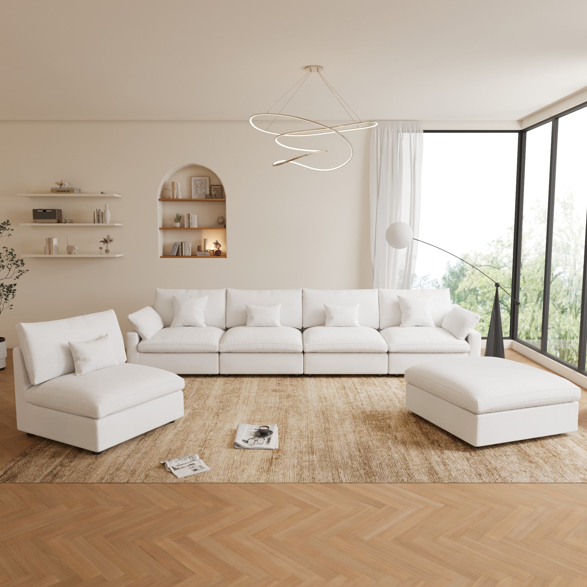 BuotiqHom DH-S5+1-140WE 119-in Modern White Linen 6+ -seater Sectional