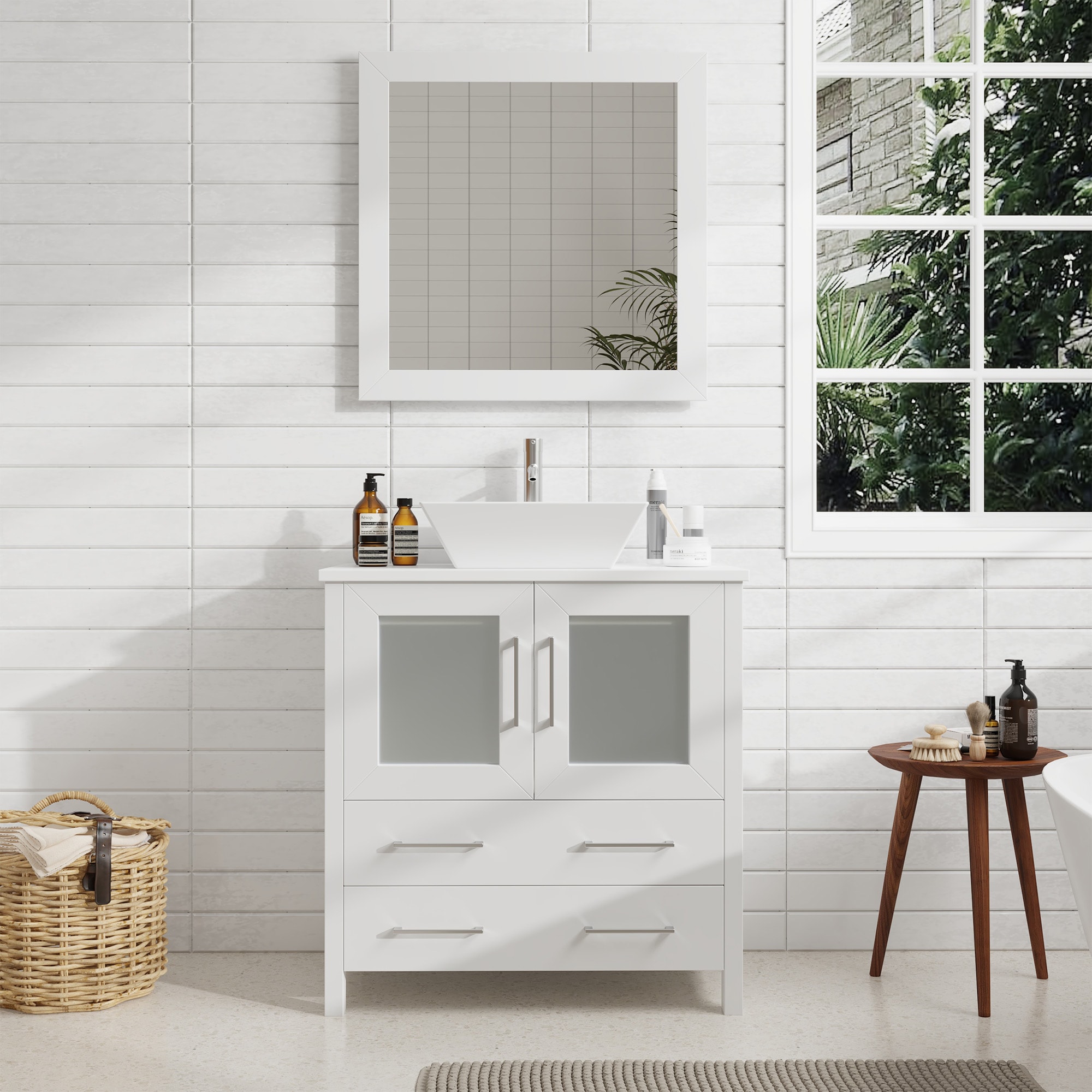 Vanity Art VA3130-W Ravenna 30-in White Single sink Bathroom Vanity with White Engineered marble Top (Mirror Included)