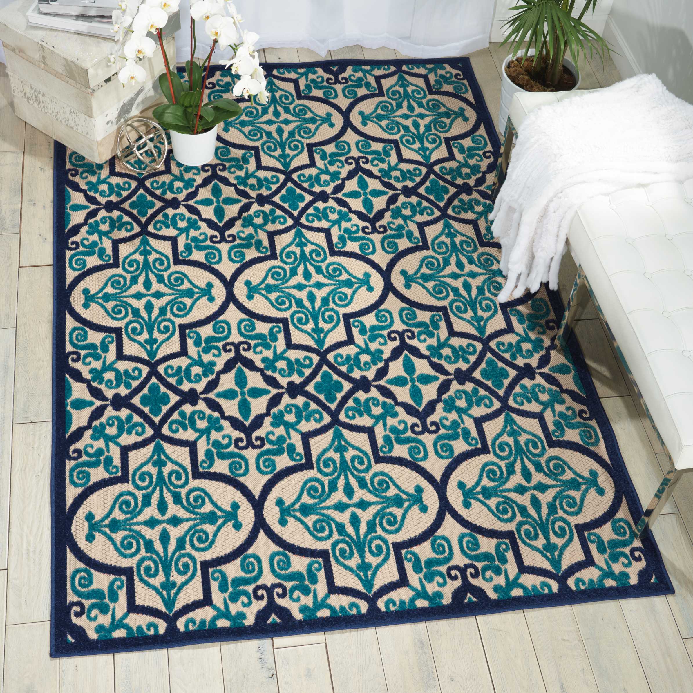 Nourison 37626 Aloha 8 x 10 (ft) Polypropylene Navy Rectangular Indoor/Outdoor Abstract Moroccan Area rug