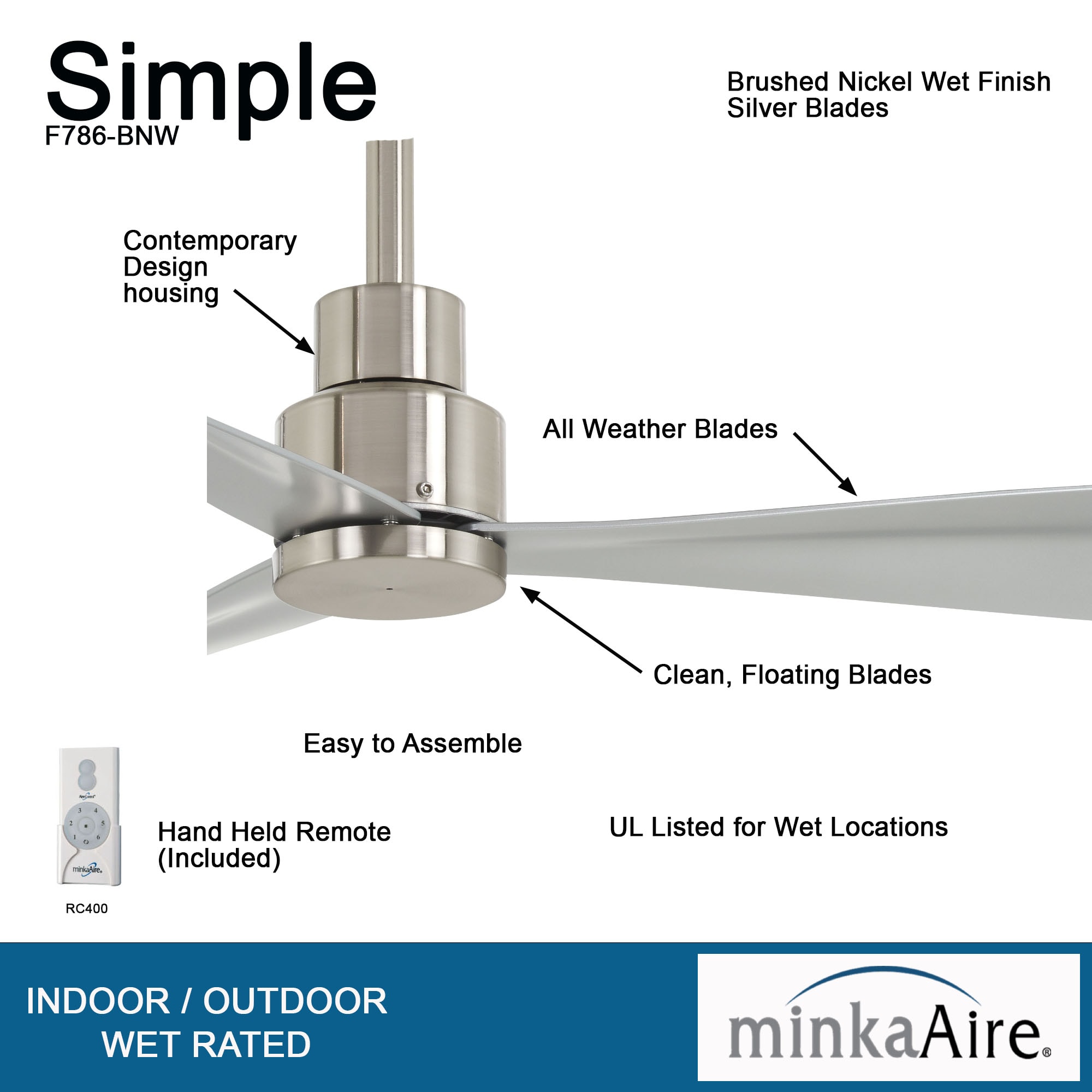 Minka Aire Simple 44-in Brushed Nickel Wet Indoor/Outdoor Ceiling Fan with  Remote (3-Blade) in the Ceiling Fans department at