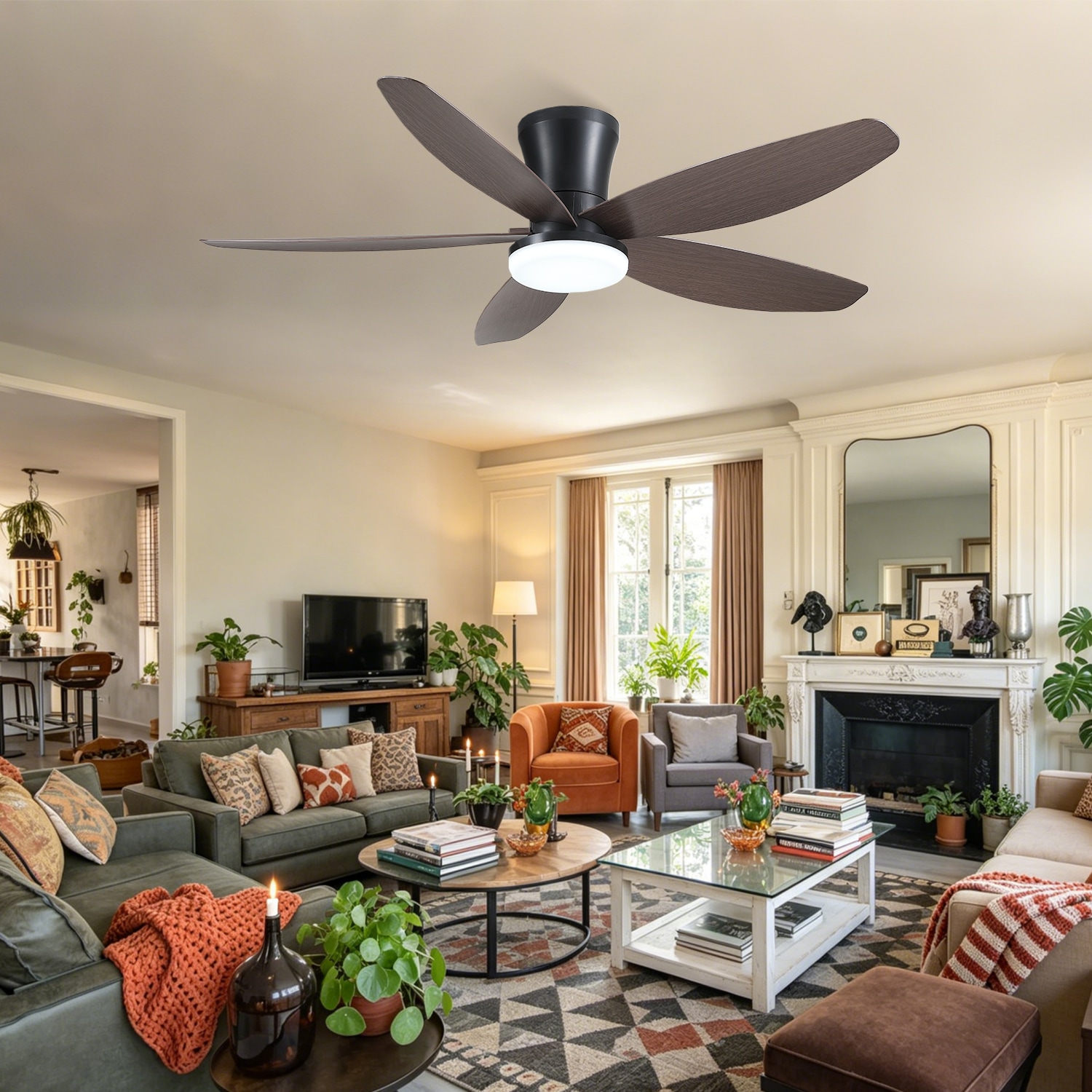 Kviflon - 48 in Brown Low Profile Ceiling Fan with Light Rustic Modern Flush Mount Ceiling Fan wi...