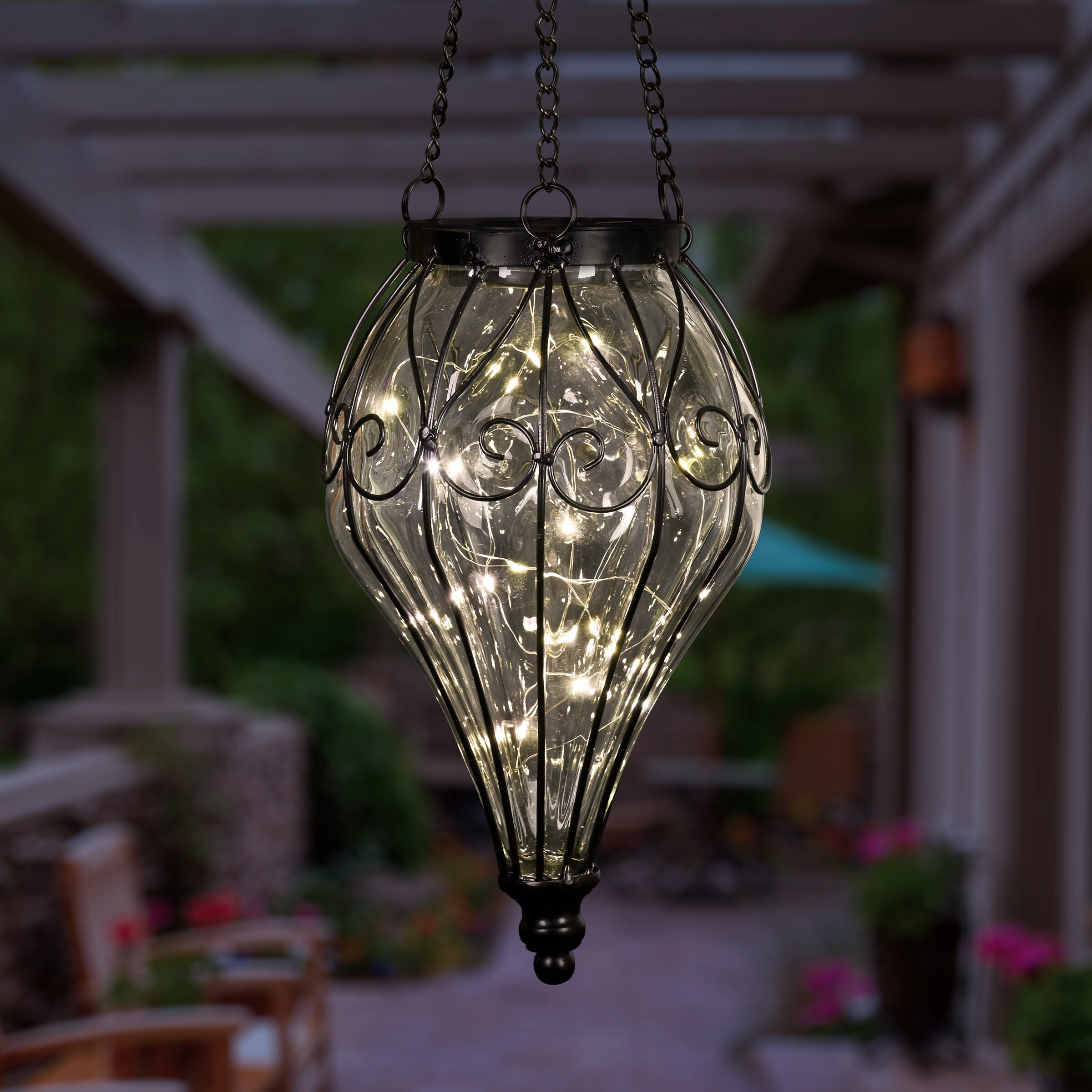 Elegant Clear Glass Solar Hanging Lantern with LED Lights