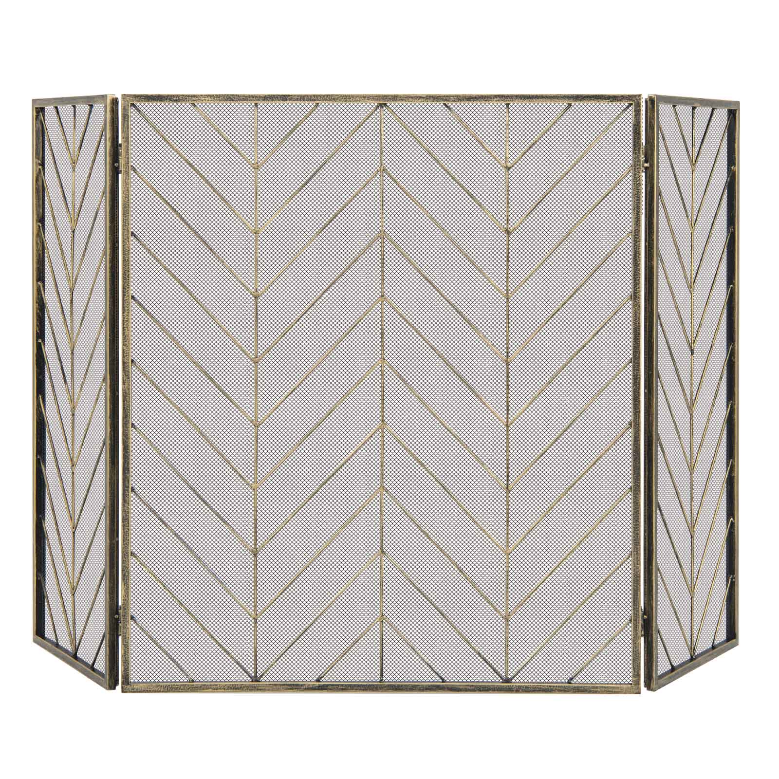 Slickblue 52.5 inch Bronze Metal 3-Panel Herringbone Shaped Folding Fireplace Screen for Living Room or Family Room