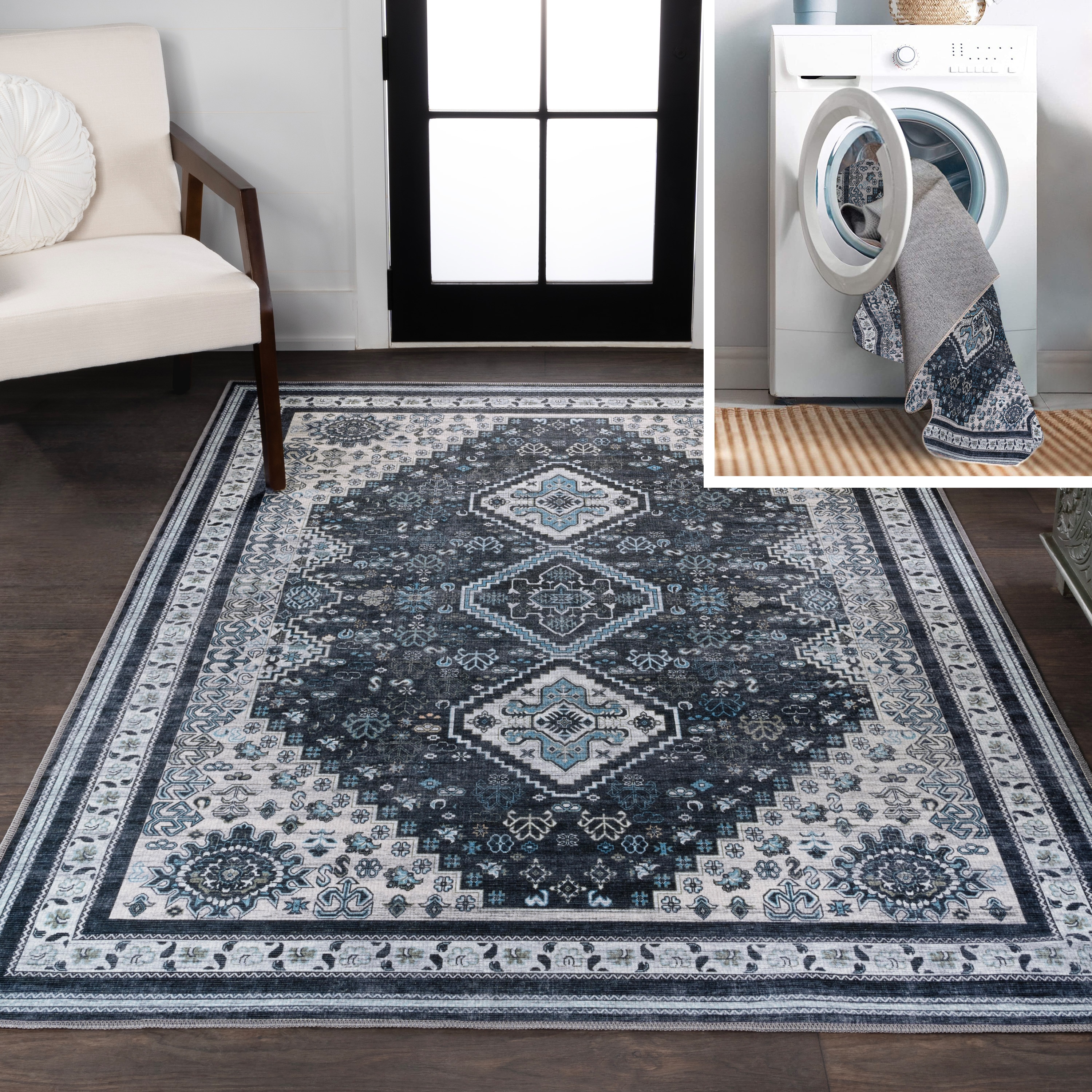 JONATHAN  Y WSH101D-4 WASHABLE Dalyan Geometric Medallion 4 x 6 (ft) Loomed Chenille Navy/Light Gray Rectangular Indoor Border Bohemian/Eclectic Machine washable Area rug