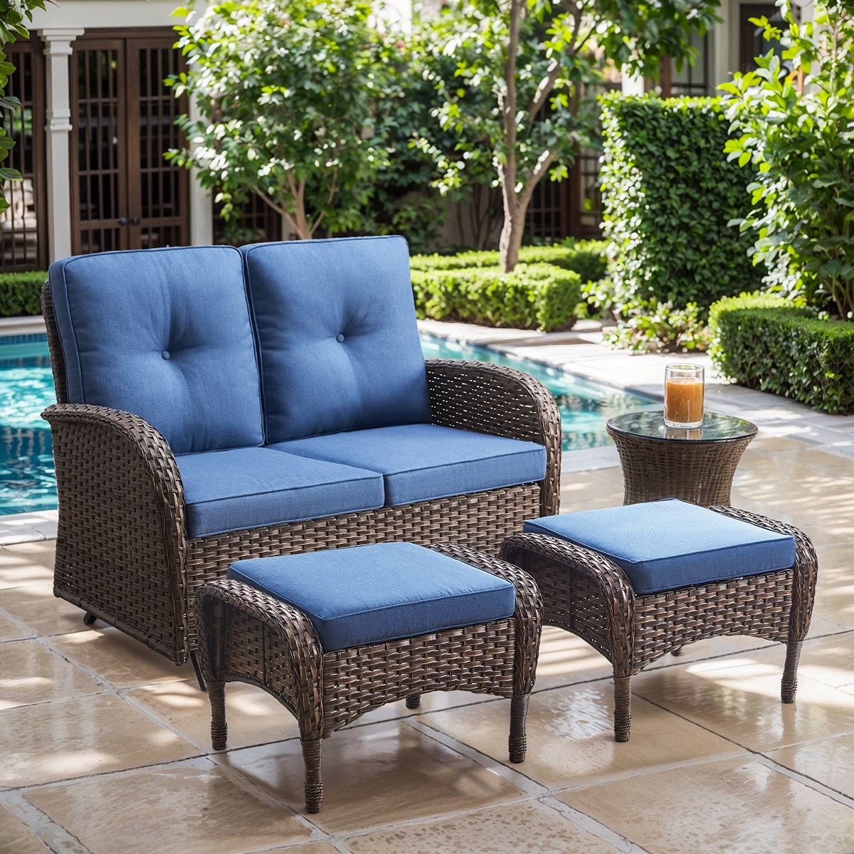 Rilyson KEY WEST Wicker Outdoor Loveseat with Blue Cushions and Steel ...