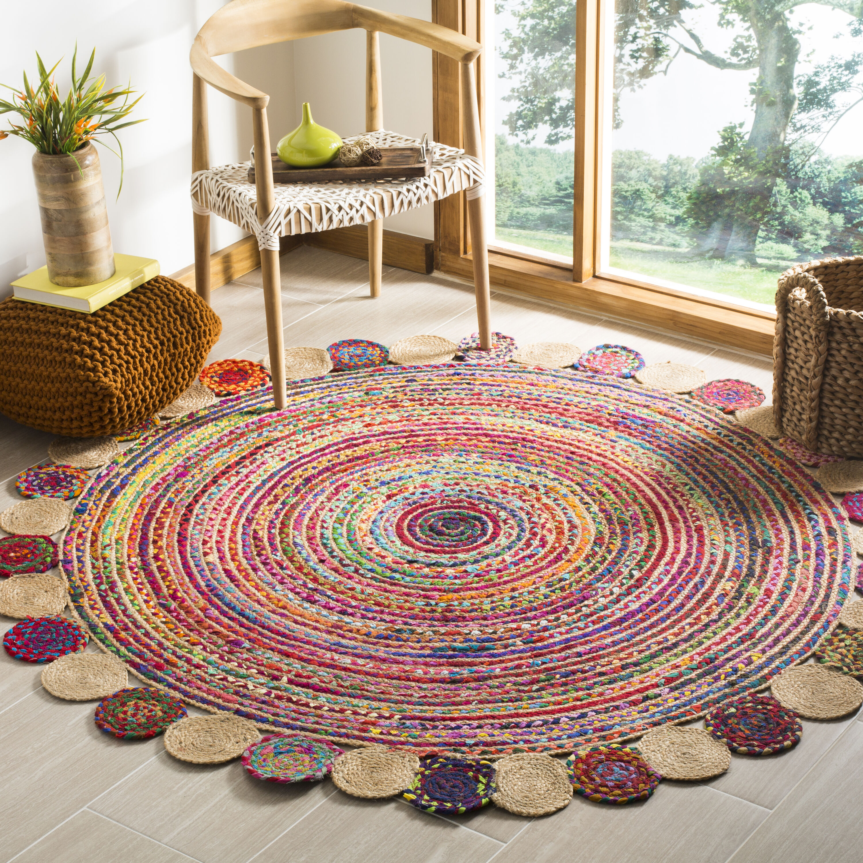 Safavieh CAP201A-6R Cape Cod Nashua 6 x 6 (ft) Jute Red/Multi Round Indoor Abstract Bohemian/Eclectic Area rug