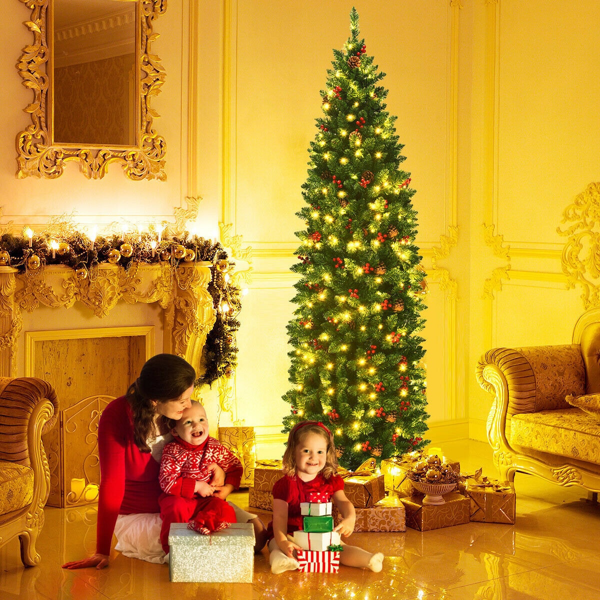 6.5ft Pre-Lit Slim Green Fir Christmas Tree with Pine Cones and Berries
