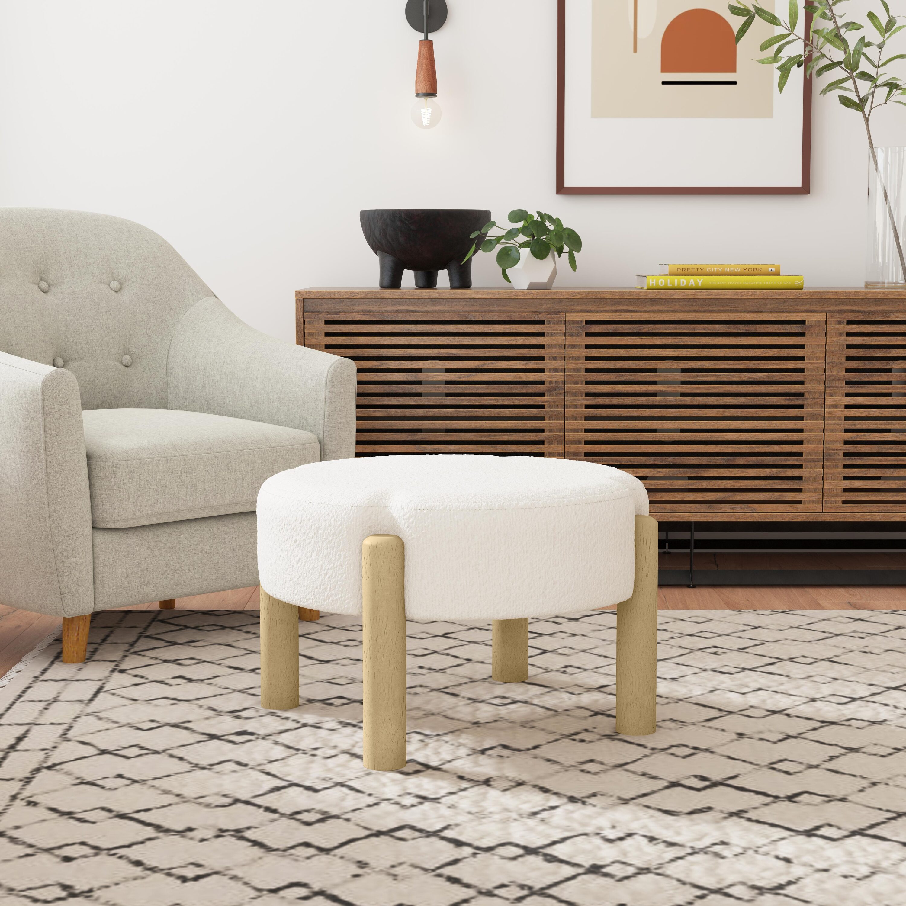 Nordic Off-White Boucle Round Ottoman with Wooden Legs