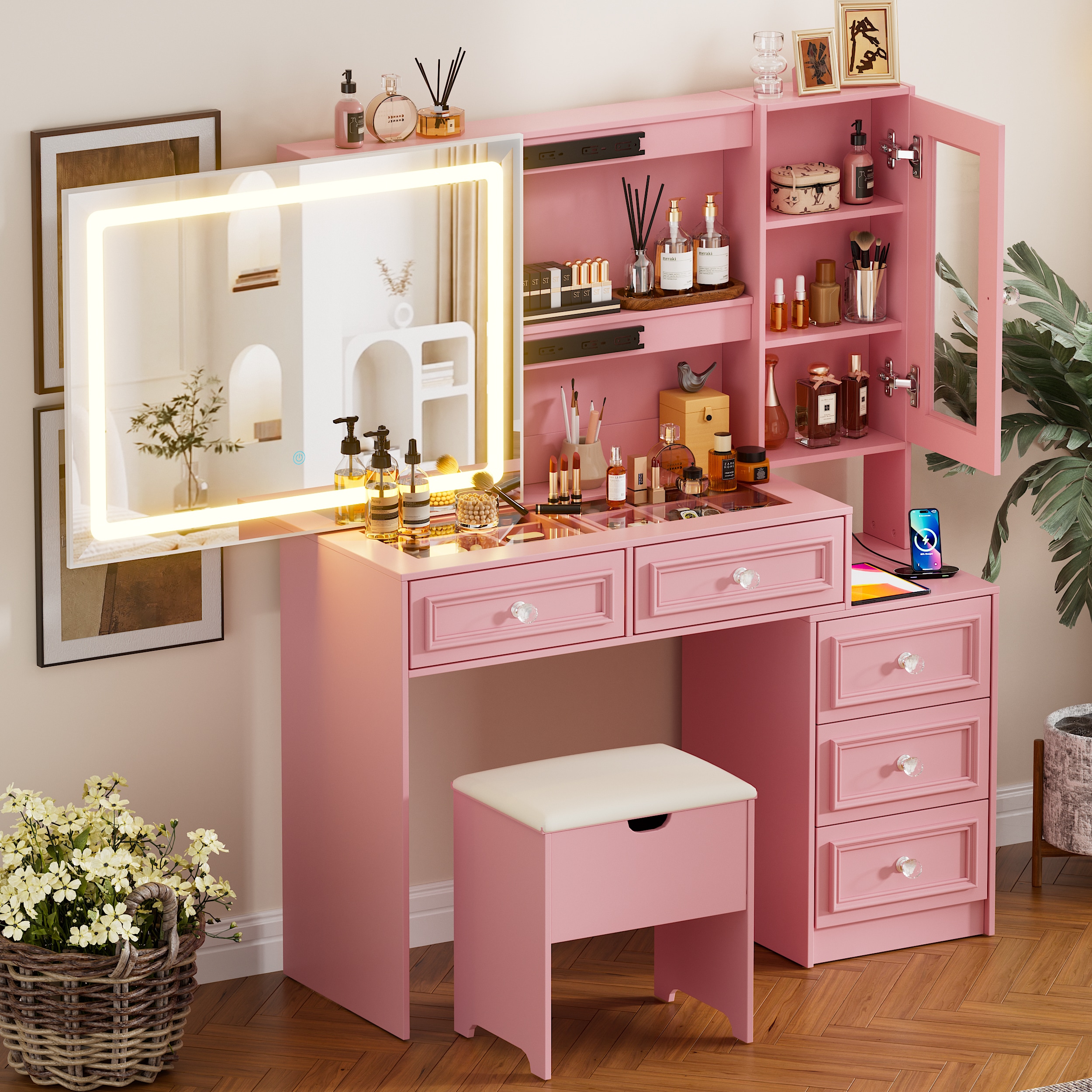 PAKASEPT TTAC021-PKWXY250320 43.7-in Pink Makeup Vanity