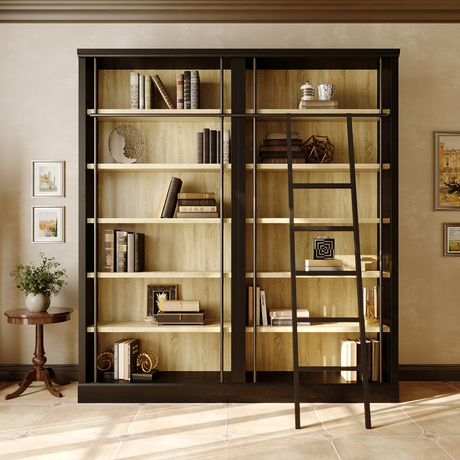 FUFU&GAGA 6 Tier Ladder Bookcase Black And Brown Composite Bookcase ( 78.74-in W x 86.61-in H x 13.19-in D ) Finished