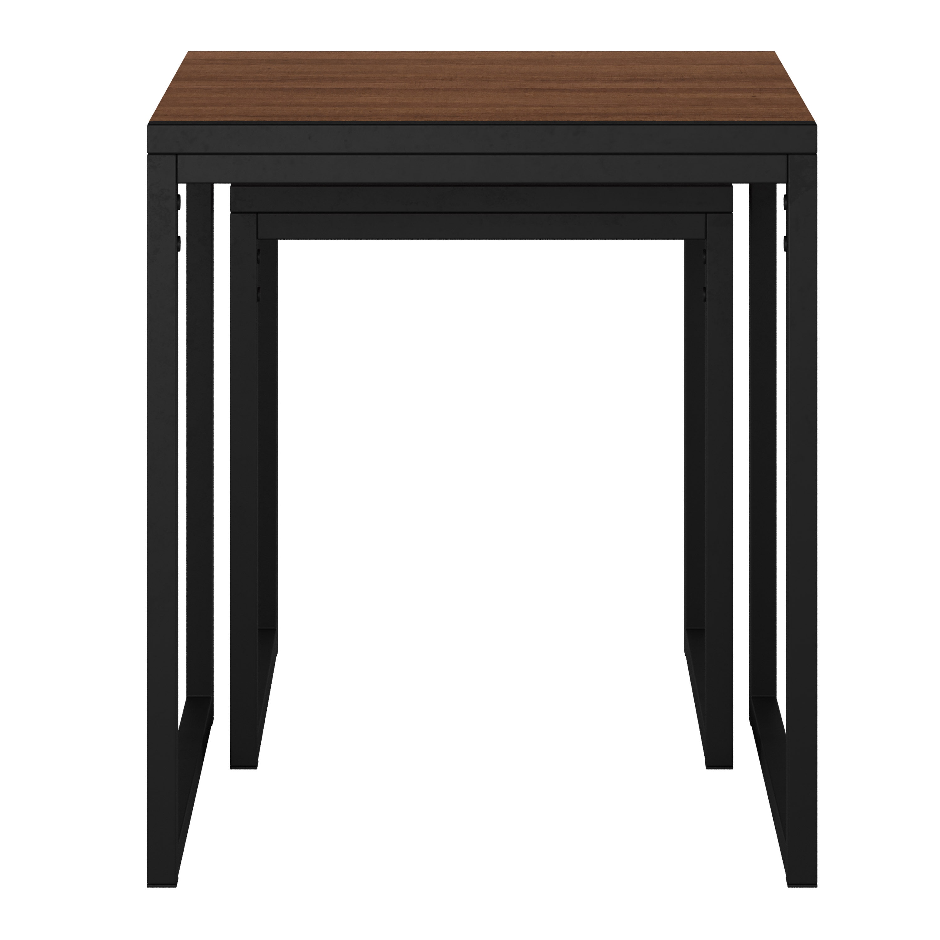 Set of 2 Brown Wood and Black Metal Square Nesting Side Tables