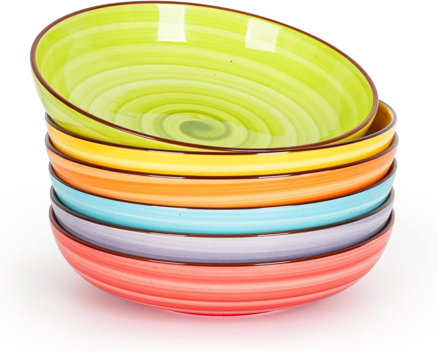 KitchenTour B0D7H5QZ2C Pasta Bowls Ceramic Salad Bowls Serving Bowl Set 26 oz 8 Inch Colorful Porcelain Wide and Shallow Bowls Set - Dishwasher and Microwave Safe - Set of 6