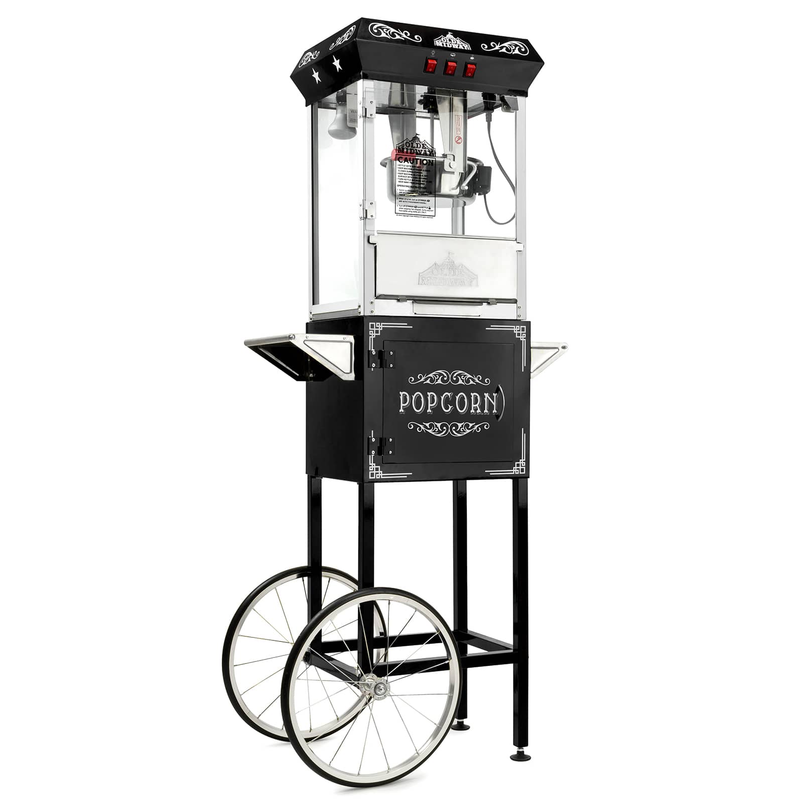 Olde Midway CON-POP-1050-BLK Vintage Style Popcorn Machine Popper w Cart in Black - 10-oz Kettle
