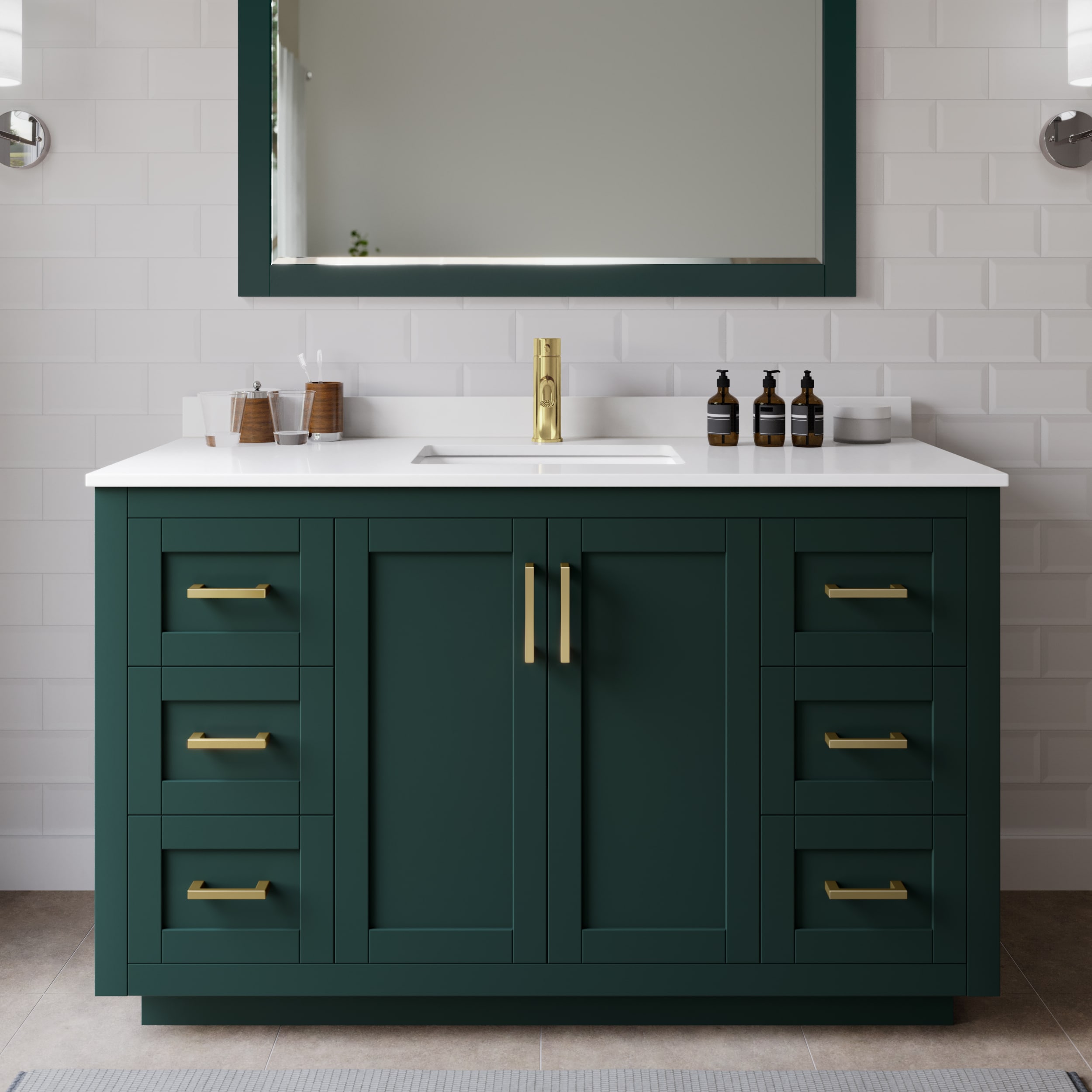 Wyndham Collection WCF292954SGDWCUNSM46 Miranda 54-in Green with Brushed Gold Trim Undermount Single sink Bathroom Vanity with White Cultured Marble Cultured marble Top (Mirror Included)