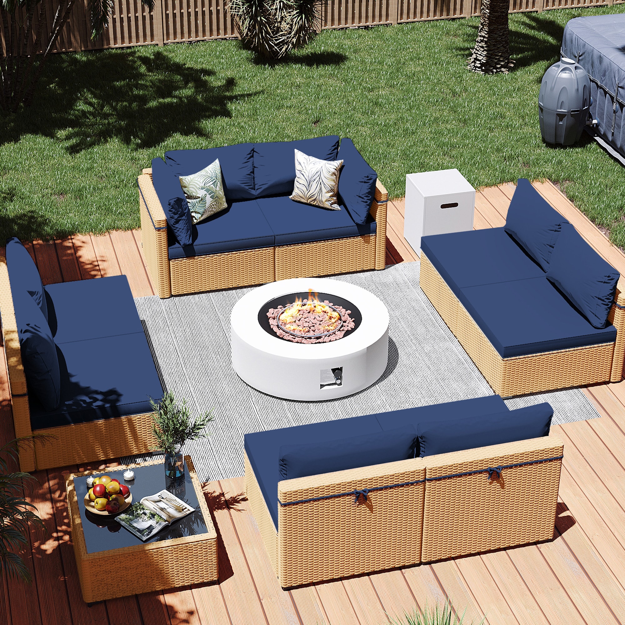 Patio Watcher LS-RT9-KD42WH-Y2 10 -Piece Rattan Patio Conversation Set with Blue Cushions