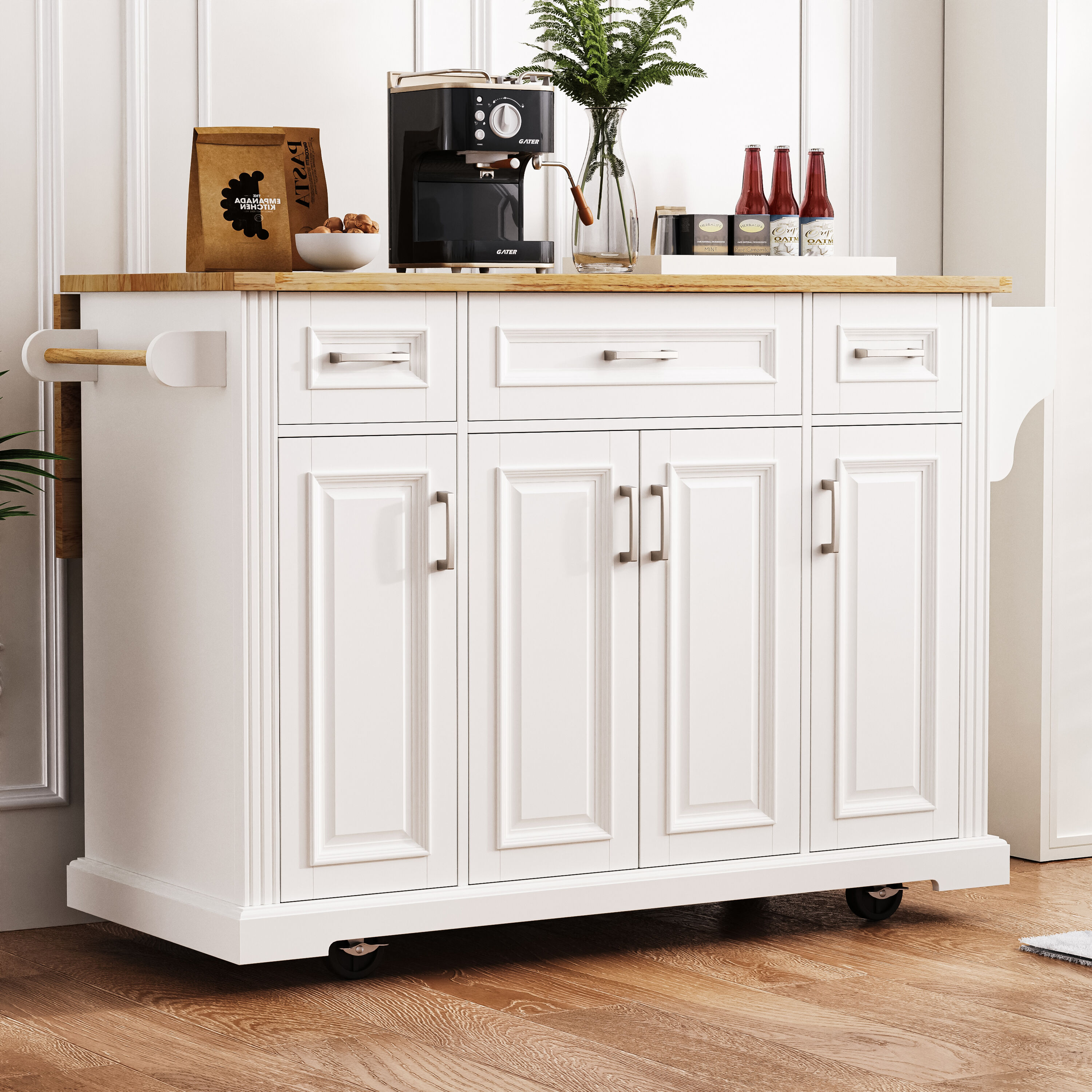 Mondawe MO-KS5395W White MDF Base with MDF Wood Top Rolling Kitchen Island ( 29.5-in x 54.1-in x 35.9-in )