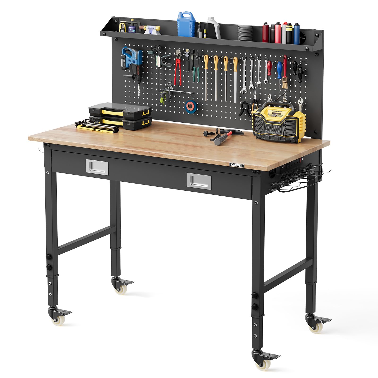 IdealHouse Heavy Duty Adjustable Workbench with Drawer Pegboard Hooks Back Panel ETL Outlets LED Light 2000 lb Capacity Rubberwood Top Swivel Casters Perfect for Garage Workshop Organization Rubberwood Color
