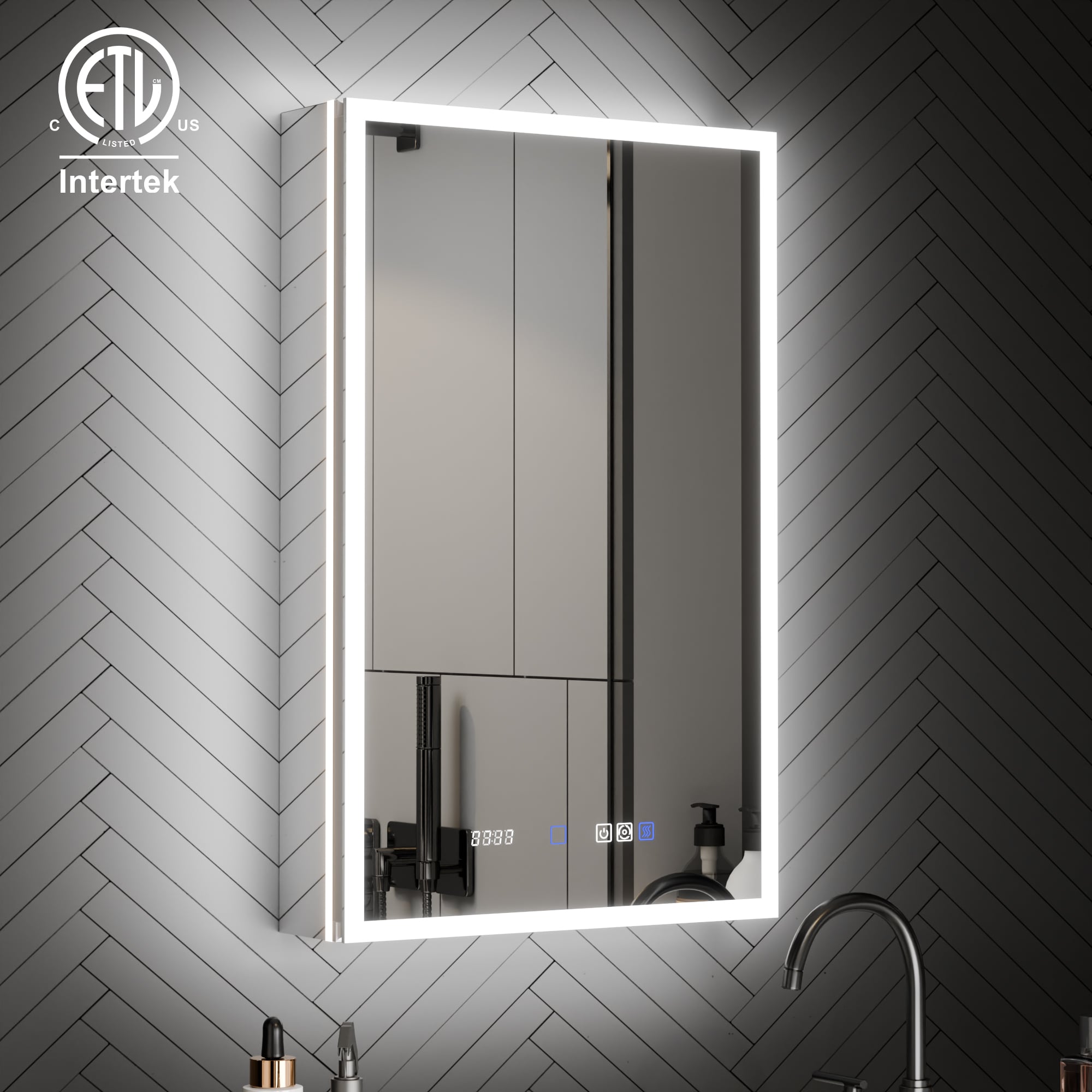 ExBrite W7MC2436R Astra 20-in x 32-in Lighted LED Fog Free Surface/Recessed Mount Stellar Silver Mirrored Rectangle Soft Close Medicine Cabinet with Outlet