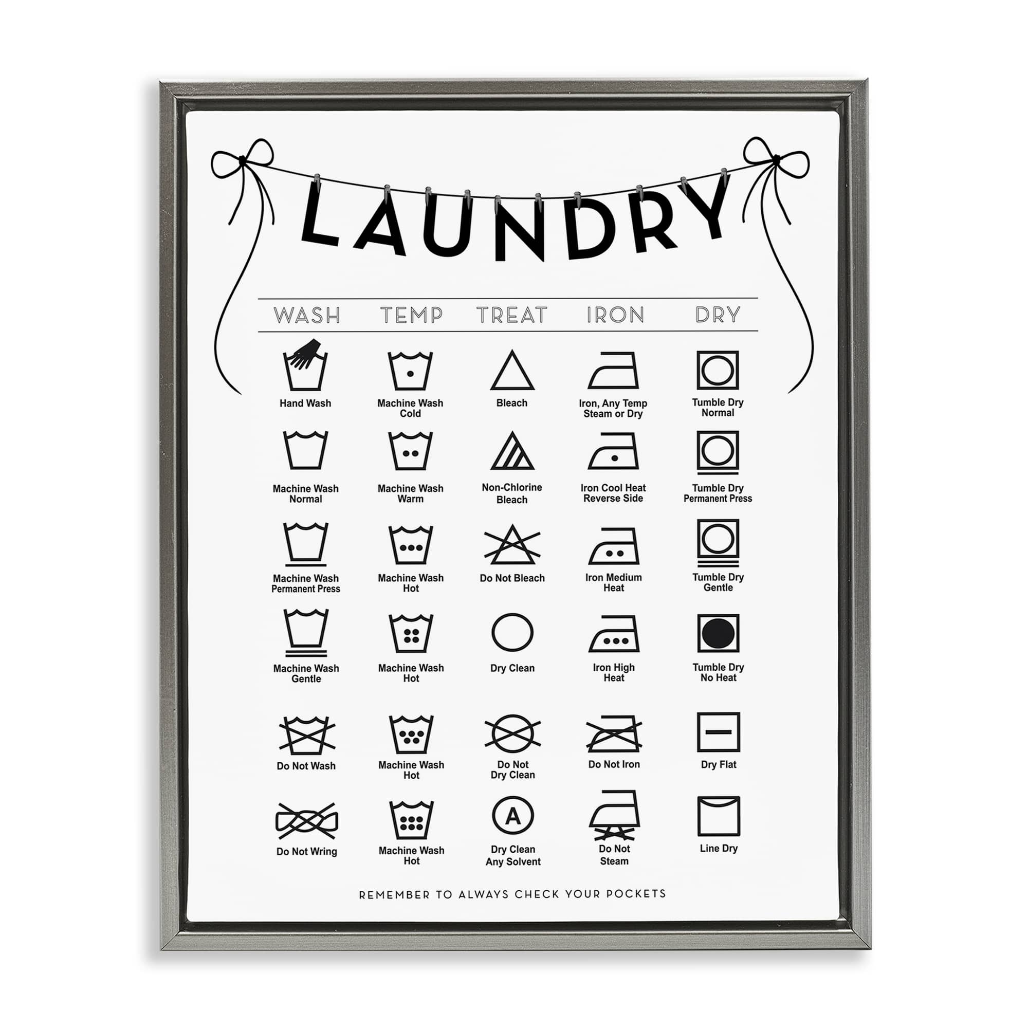 Stupell Industries BY-457-FFL-24X30 Laundry Symbols with Ribbon Accent Gray Floating Frame Canvas Art 25 x 31
