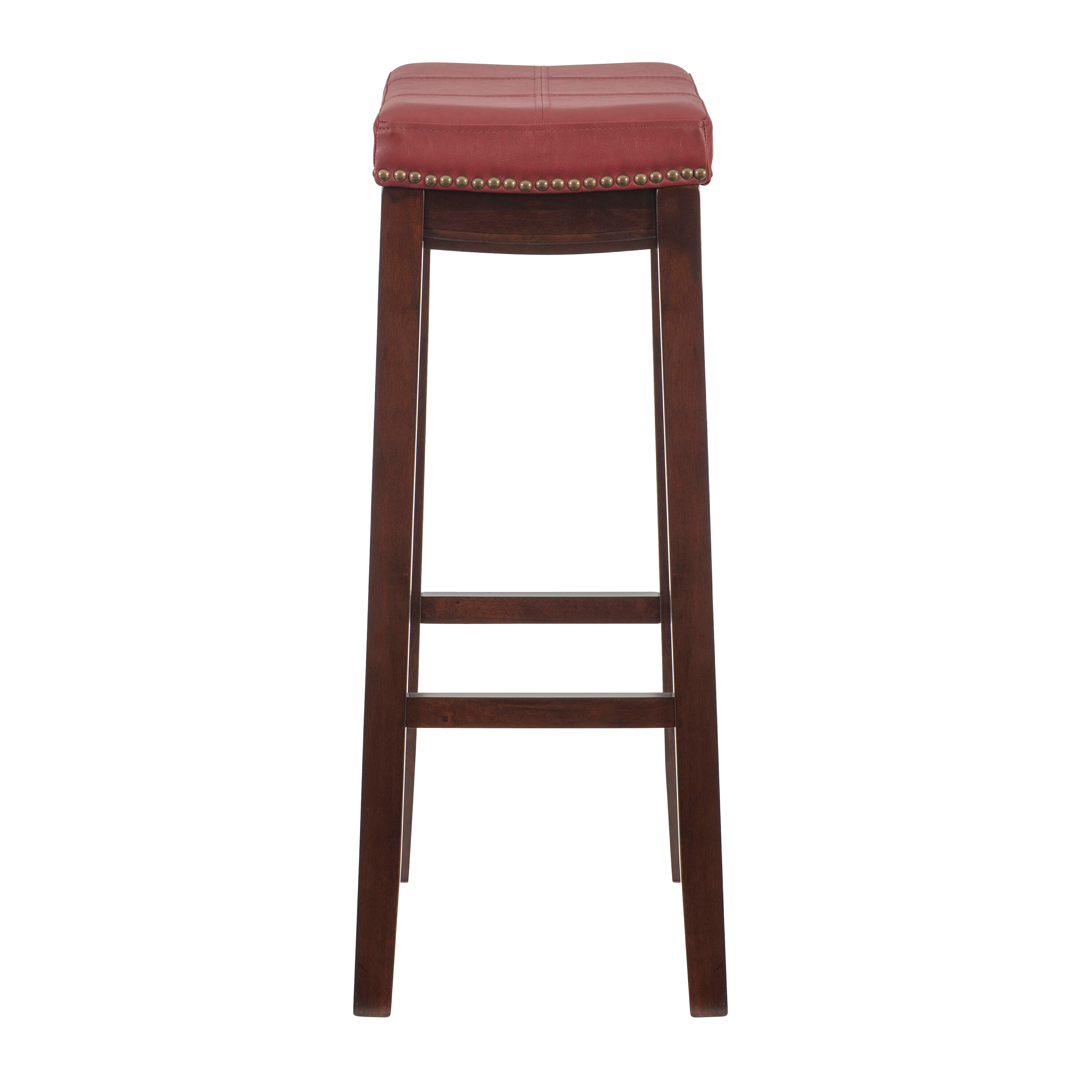 32" Dark Brown Wood Barstool with Red Faux Leather Saddle Seat