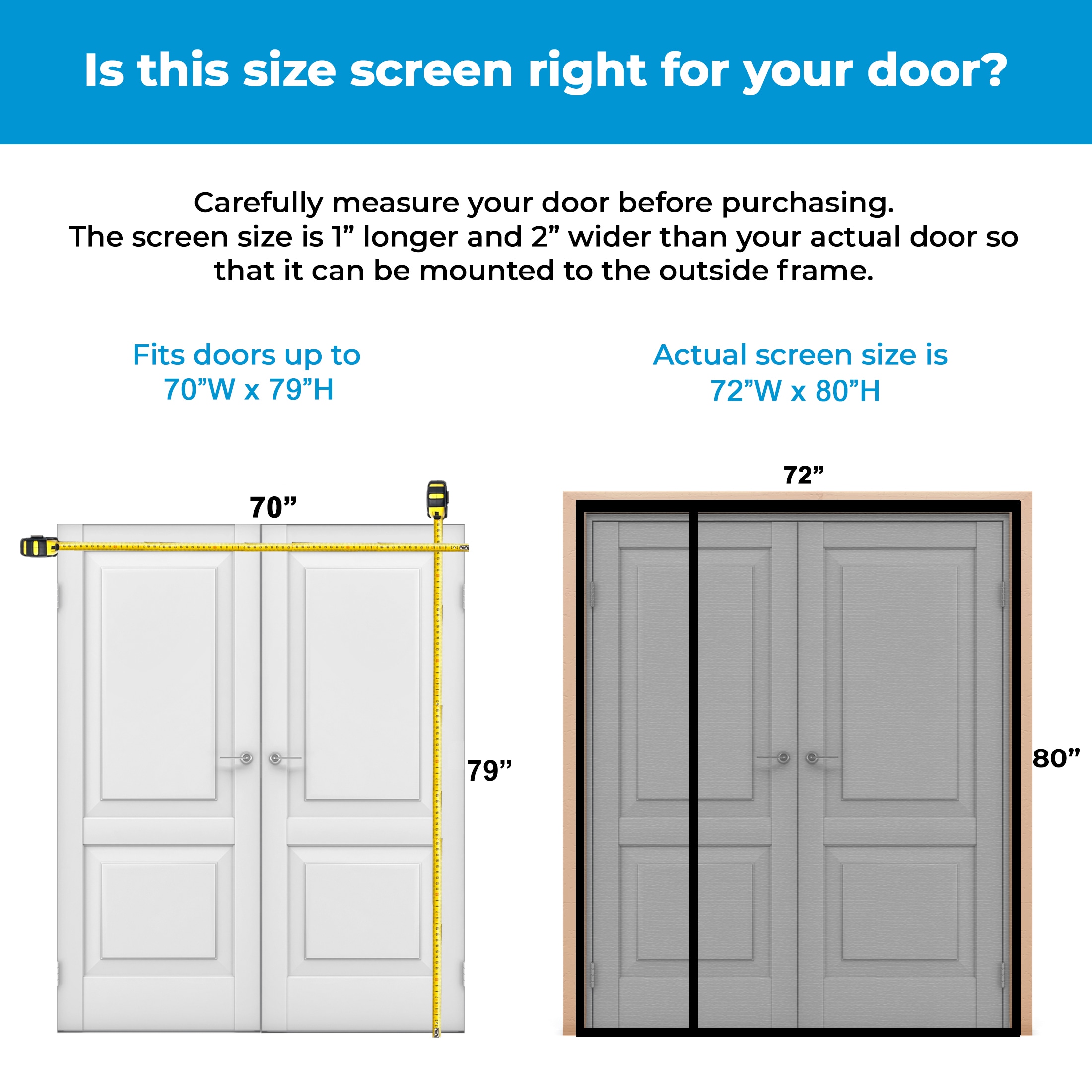 MAGZO Magnetic Screen Door Fit Door Size 72 x 80 Inch, Actual Screen Size  74 x 81 French Door Screen Mesh with Full Frame Hook&Loop, Durable  Polyester, White 
