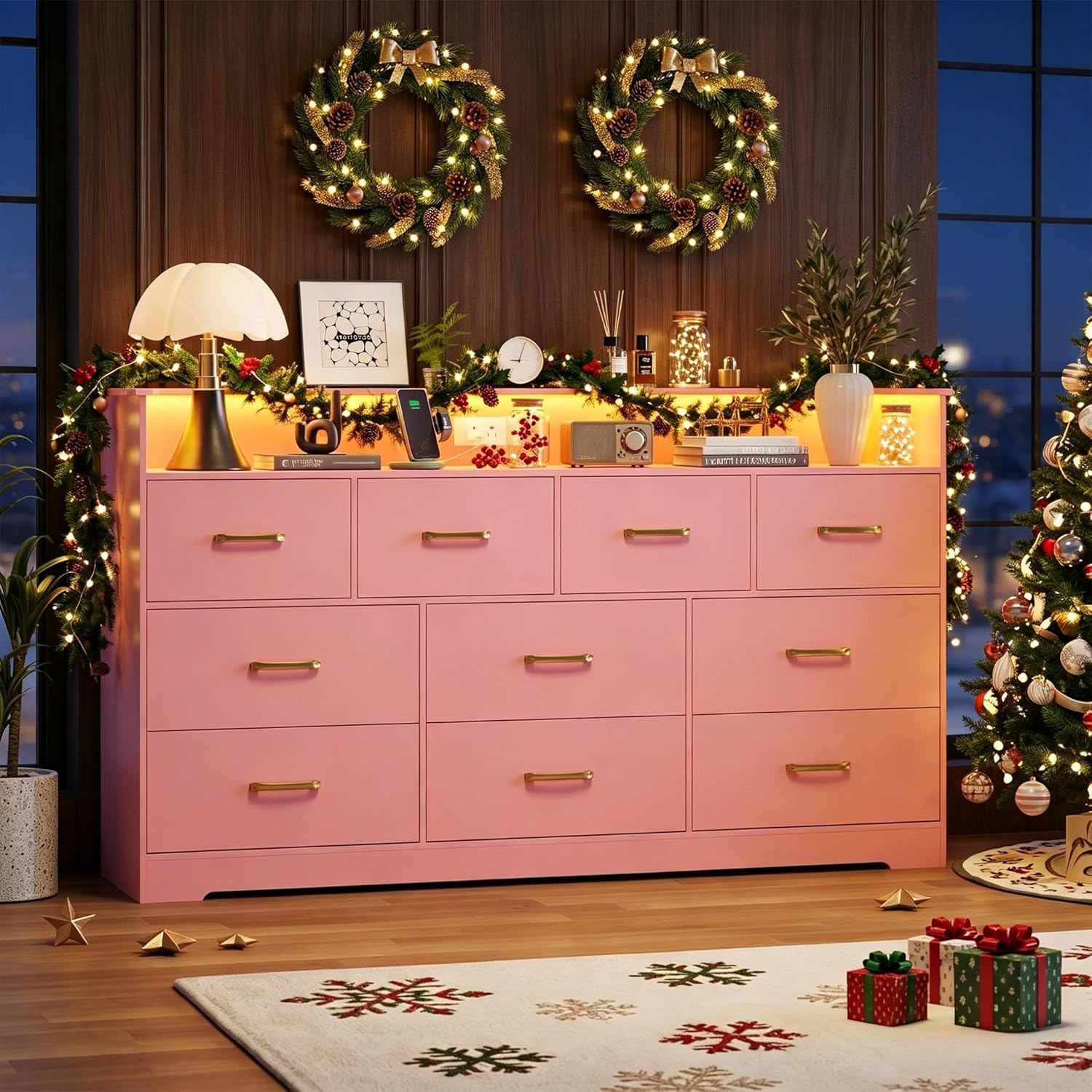 christmas tree dresser Garvee Modern 10 Drawer for Bedroom 65 inch Wide Chest with LED Light Charging Station Large TV Stand Organizer with Open Shelf Storage Cabinet for Living Room Entryway Hallway Pink in a richly detailed 3D