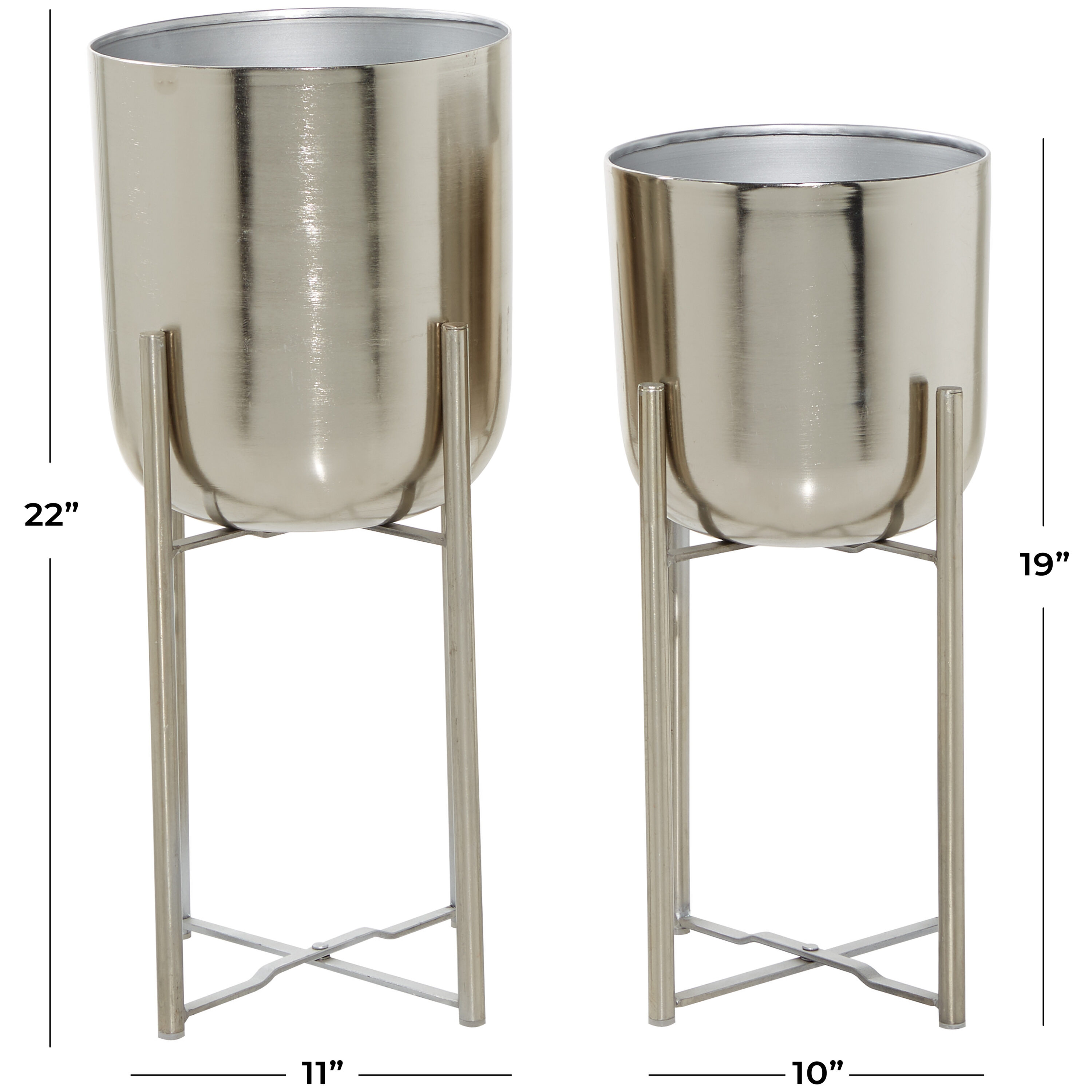 Silver Metal Indoor Outdoor Planter Set with Removable Stand, 19" and 22"