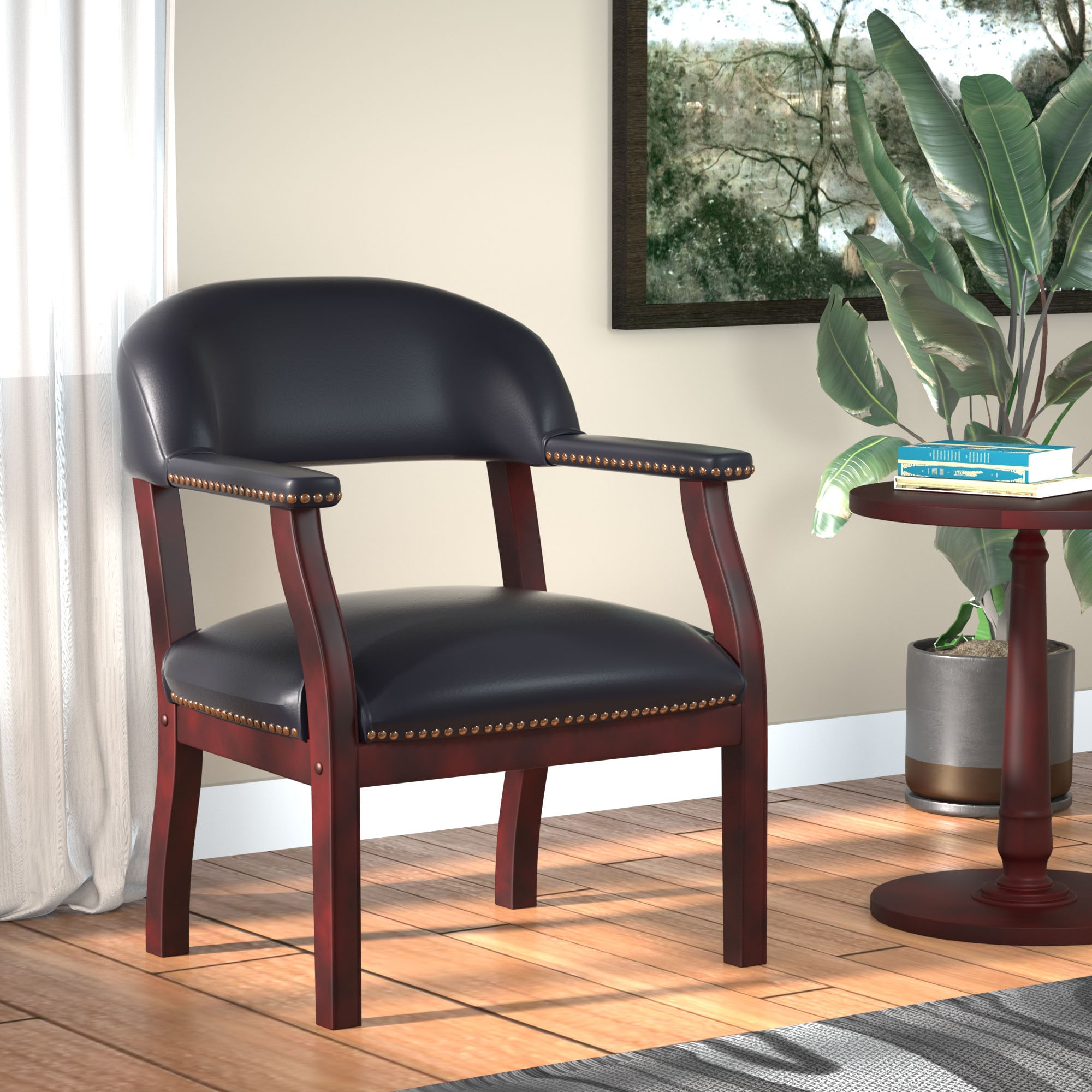 Elegant Mahogany Wood & Black Faux Leather Upholstered Arm Chair