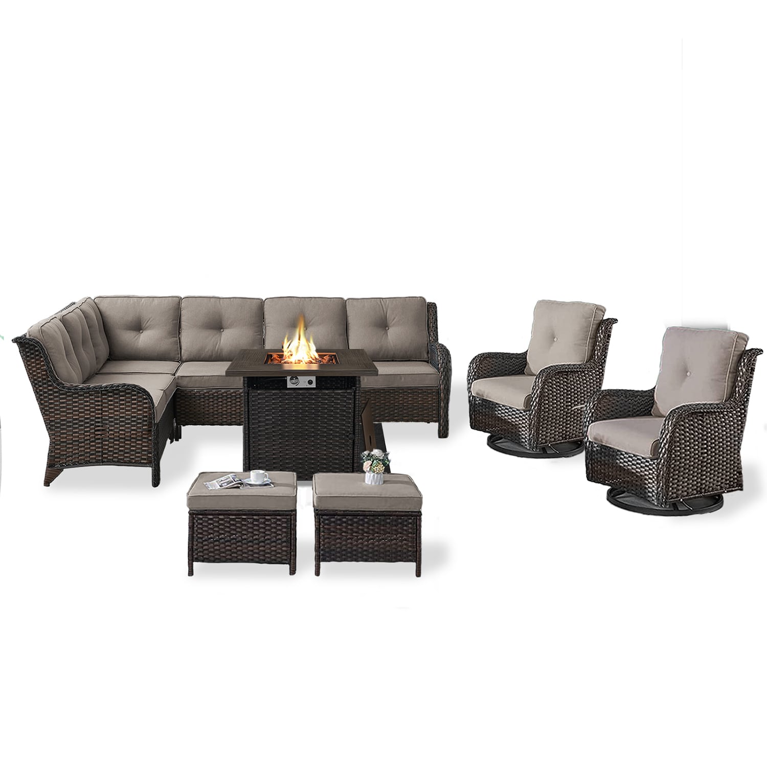 Rilyson FS2314054056058098-3 Curved armrest 9 -Piece Wicker Patio Conversation Set with Gray Cushions