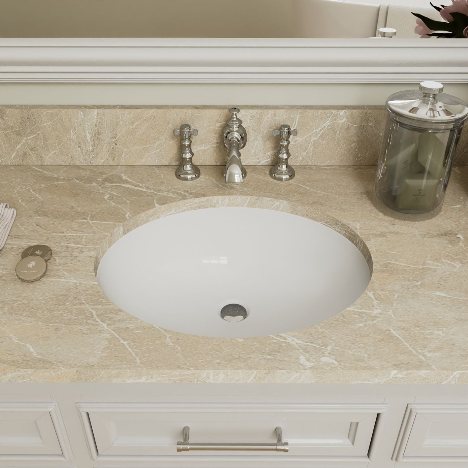 White Ceramic Oval Undermount Bathroom Sink with Overflow
