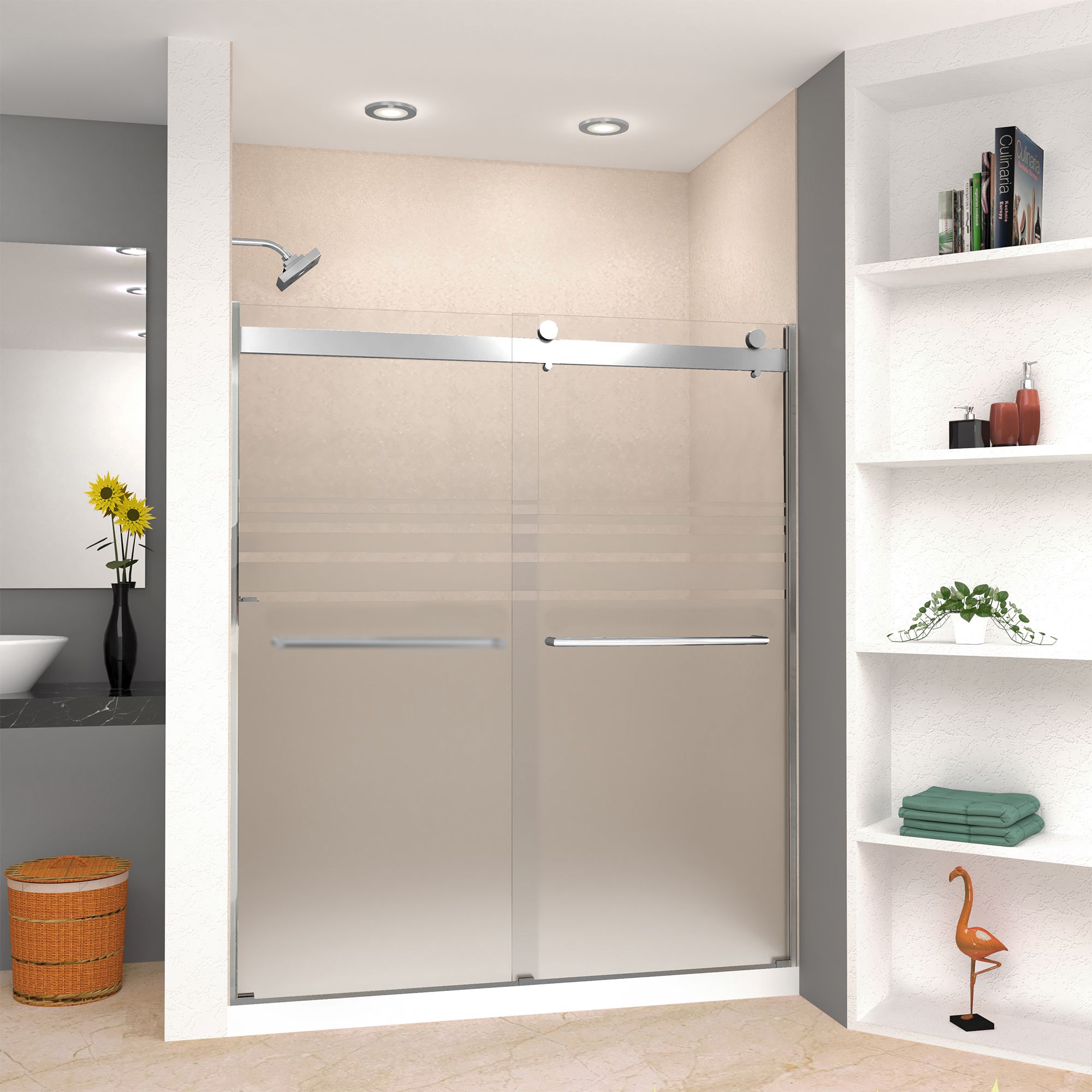 Transolid BRP607008F-T-PC Brianna Polished Chrome 56-in to 60-in W x 70-Inches H Frameless Sliding Shower door 5/16-in Thick Frosted Glass