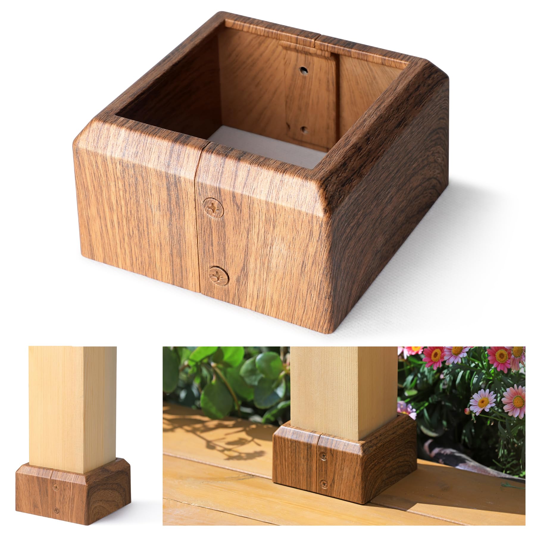 Oyezvary  2 pack 4x4 actual 3 point 5 x 3 point 5 inch aluminum deck post base cover split style metal post skirt walnut wood grain for gazebos