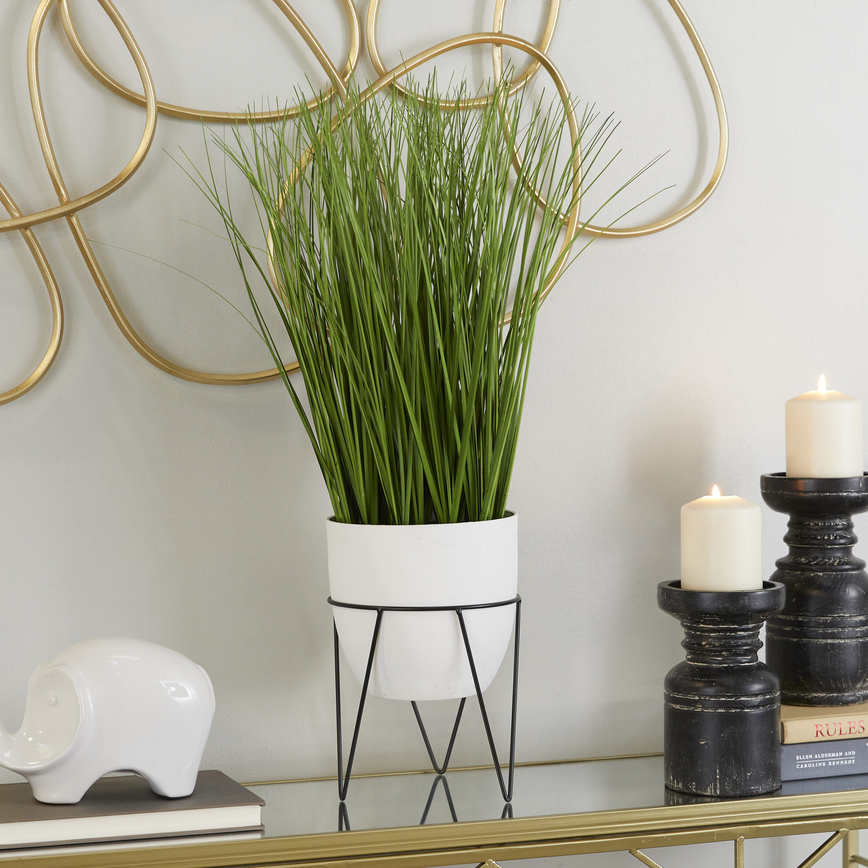 Grayson Lane 94021 25-Inches Green Tall Metal Stand and Round Pot Indoor Desktop Mixed greenery Artificial plant