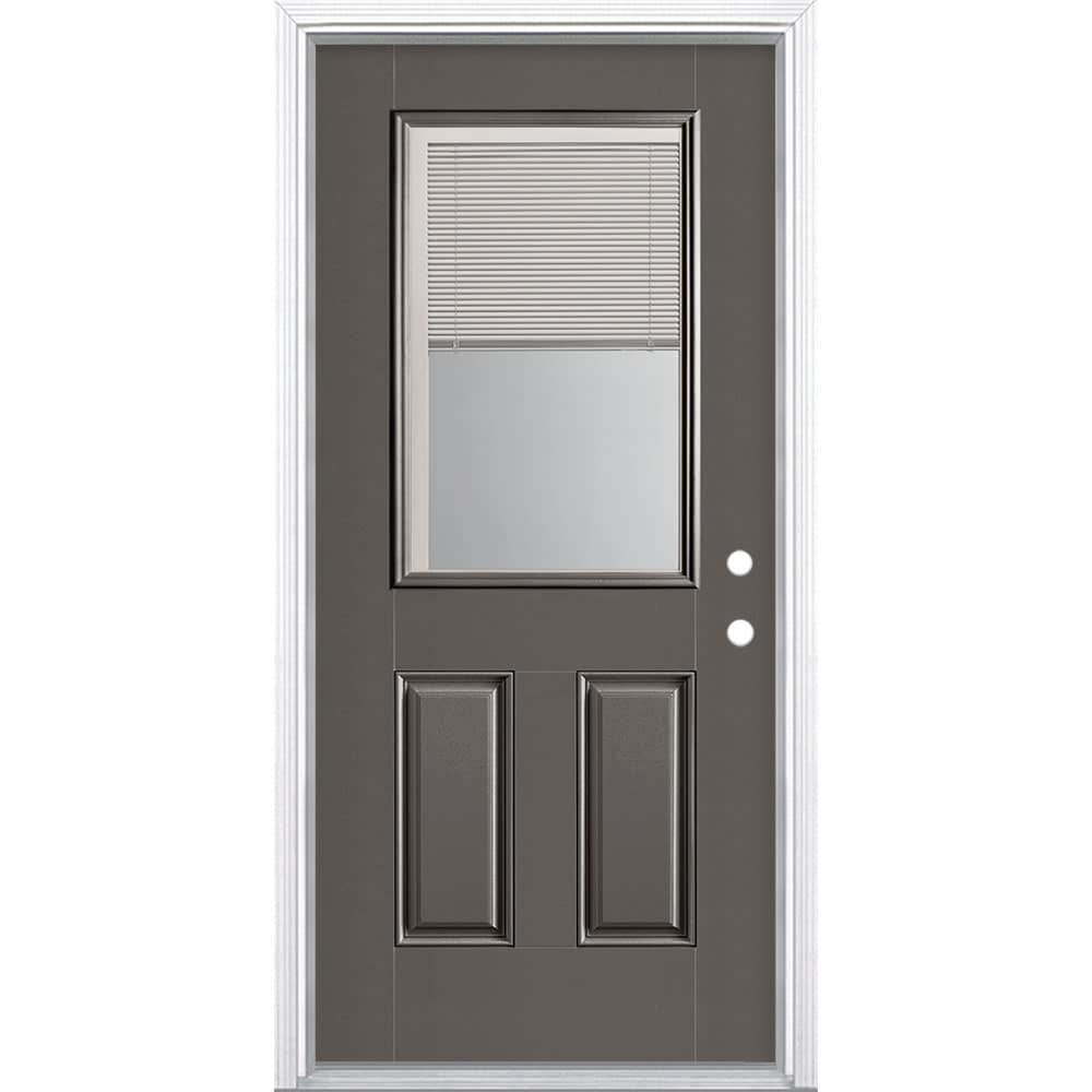 Masonite 1218485 36-in x 80-in x 4-9/16-in Fiberglass Half lite Left-hand inswing Timber Gray Painted Prehung Front Door with Brickmould Insulating core with Blinds